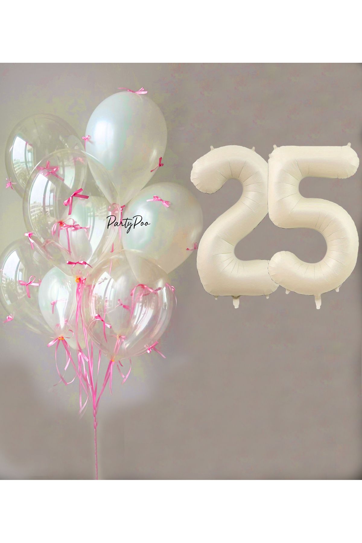 PartyPoo Pembe Fiyonklu Şeffaf Beyaz Balon Seti + Krem Rakam Folyo Balon – 11'li Doğum Günü Parti Süsü