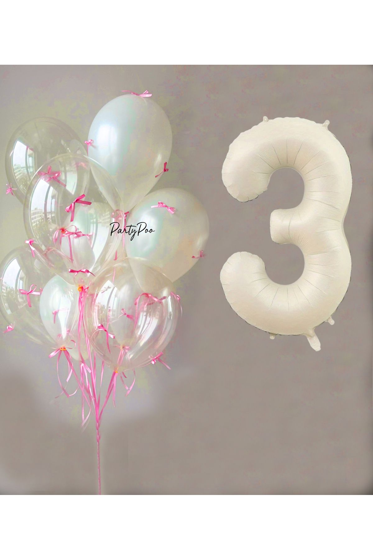 PartyPoo Pembe Fiyonklu Şeffaf Beyaz Balon Seti + Krem Rakam Folyo Balon – 11'li Doğum Günü Parti Süsü