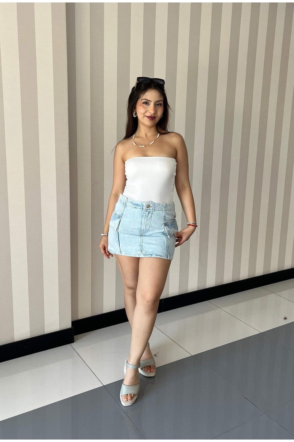 ELSEBUTİKTR Kadın Yüksek Bel Mini Kot Denim Etek