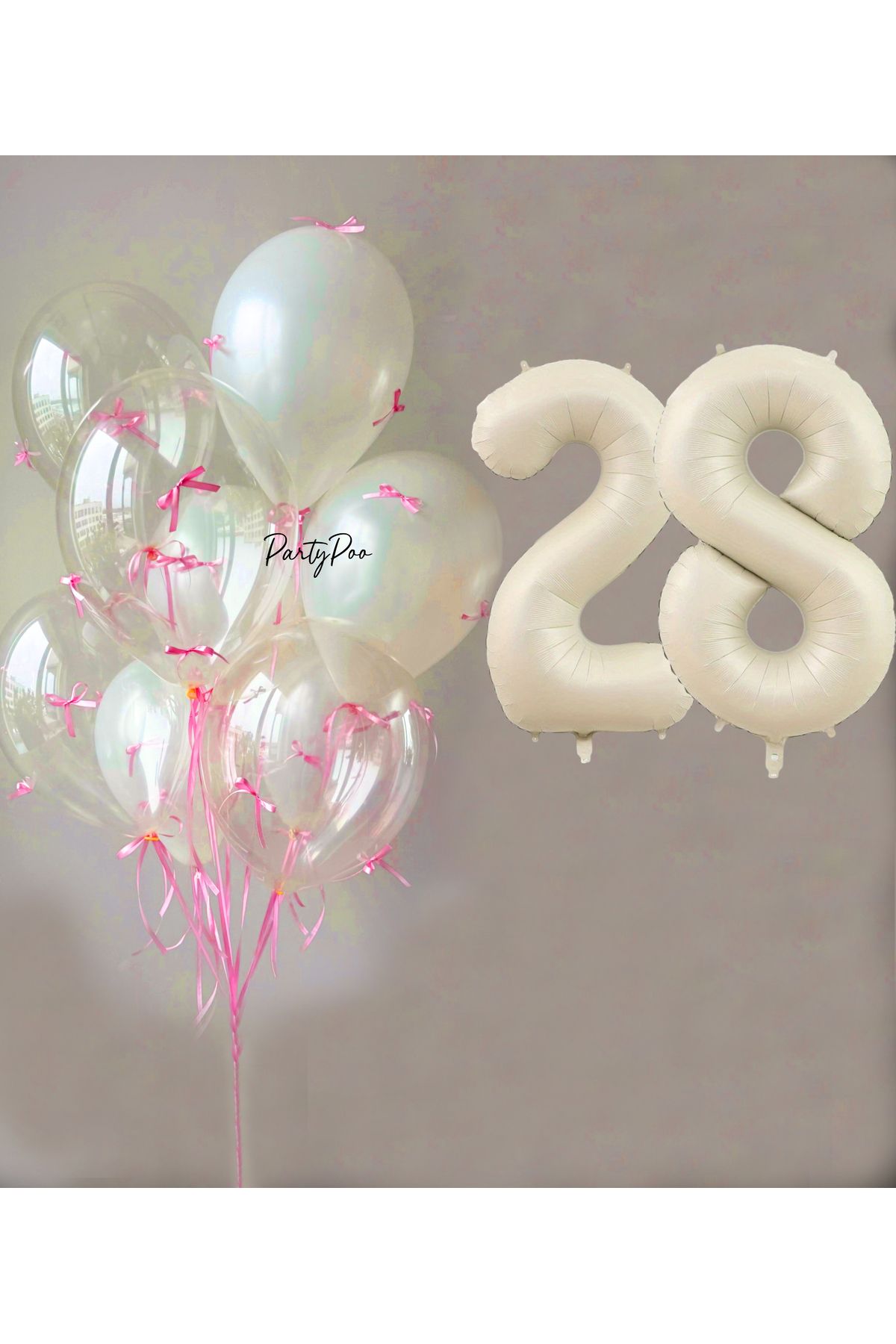 PartyPoo Pembe Fiyonklu Şeffaf Beyaz Balon Seti + Krem Rakam Folyo Balon – 11'li Doğum Günü Parti Süsü