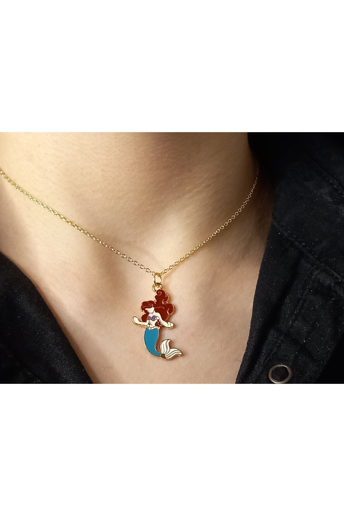 Crystal Atelier Deniz Kızı Kolye-Altın Kaplama Kararmaz Çelik Deniz Kızı Kolye-Little Mermaid Kolye-Gold Kolye