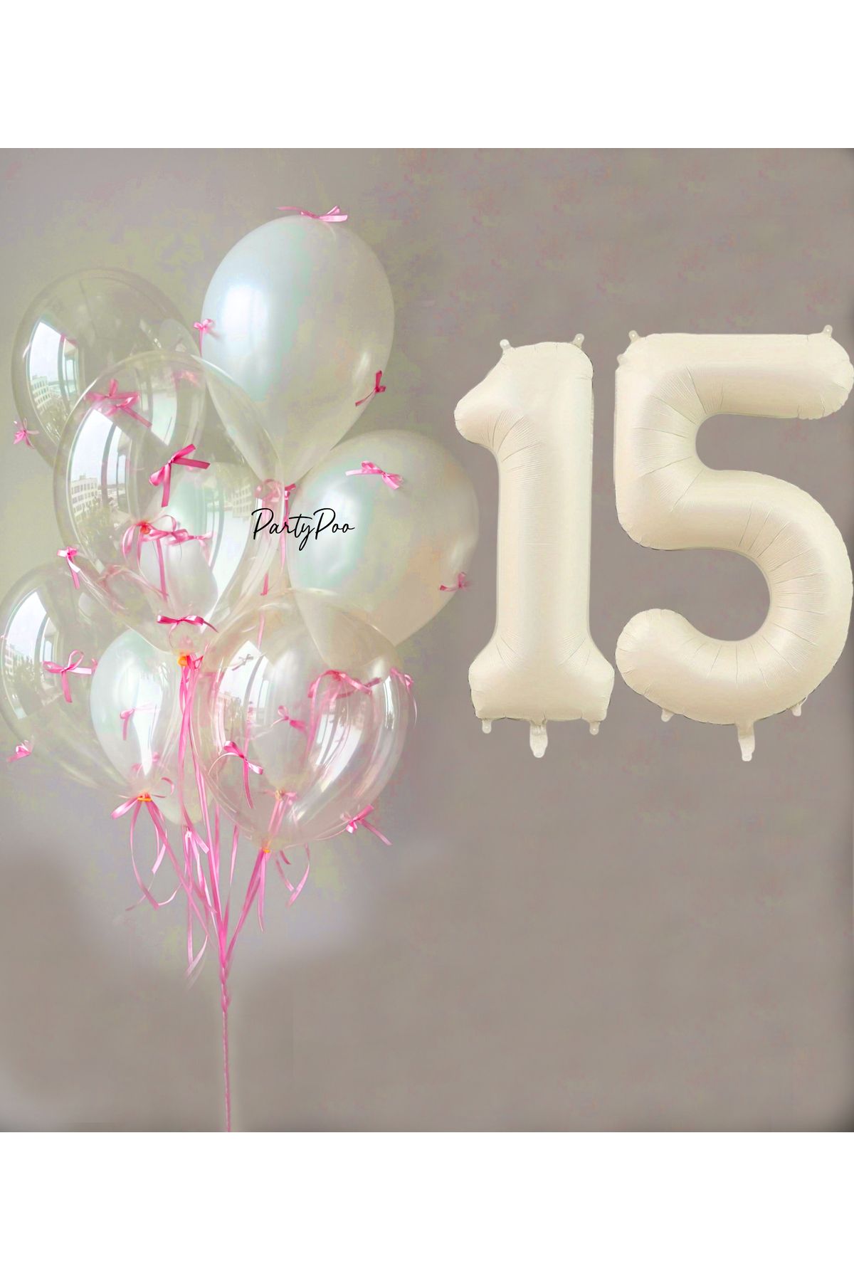 PartyPoo Pembe Fiyonklu Şeffaf Beyaz Balon Seti + Krem Rakam Folyo Balon – 11'li Doğum Günü Parti Süsü