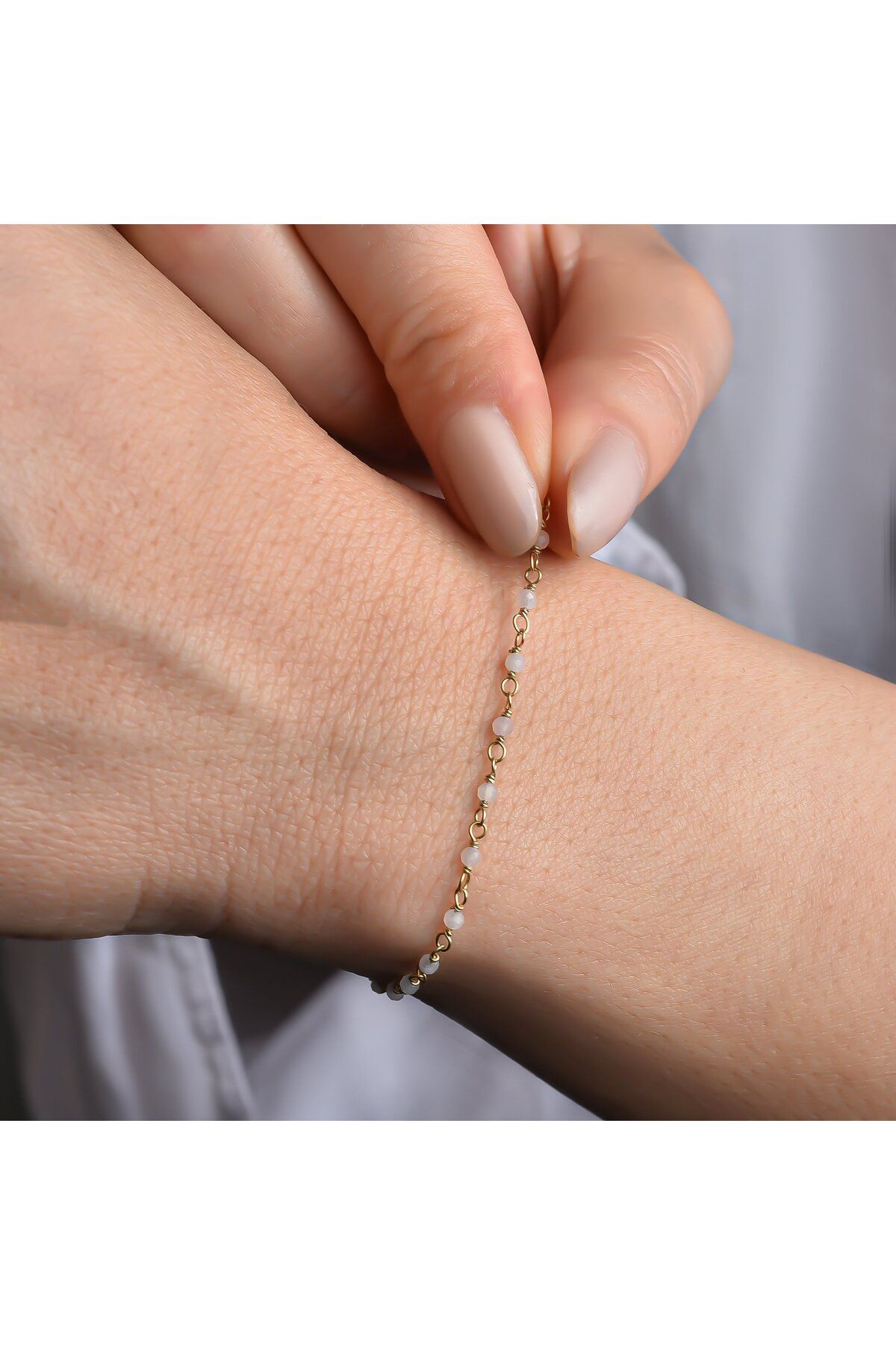 Nox Jewelry 14 Ayar Altın Kaplama Pembe Kuvars Doğal Taşlı El Yapımı Gümüş Bileklik - CBS00130
