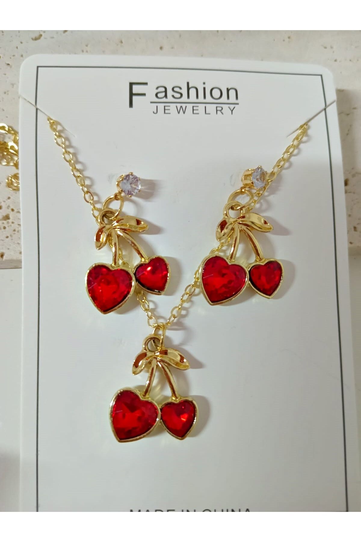mos&more Gold 3 Parçalı Kiraz Kolye Ve Küpe Seti