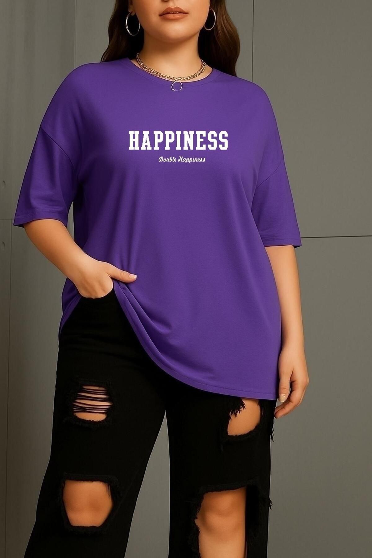 BENROMA BÜYÜK BEDEN HAPPINESS BASKILI UNİSEX TİŞÖRT