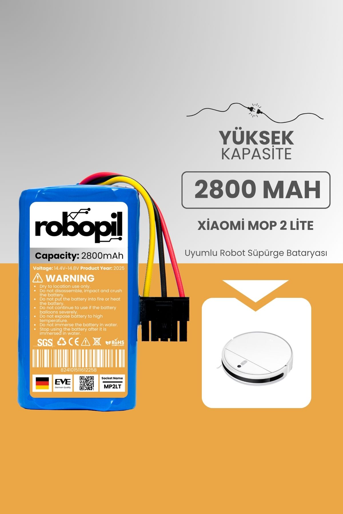 ROBOPİL Xiaomi Mop 2 Lite Uyumlu Batarya (YÜKSEK KAPASİTE) 2800mah Pil Robot Süpürge Bataryası BHR5217EU
