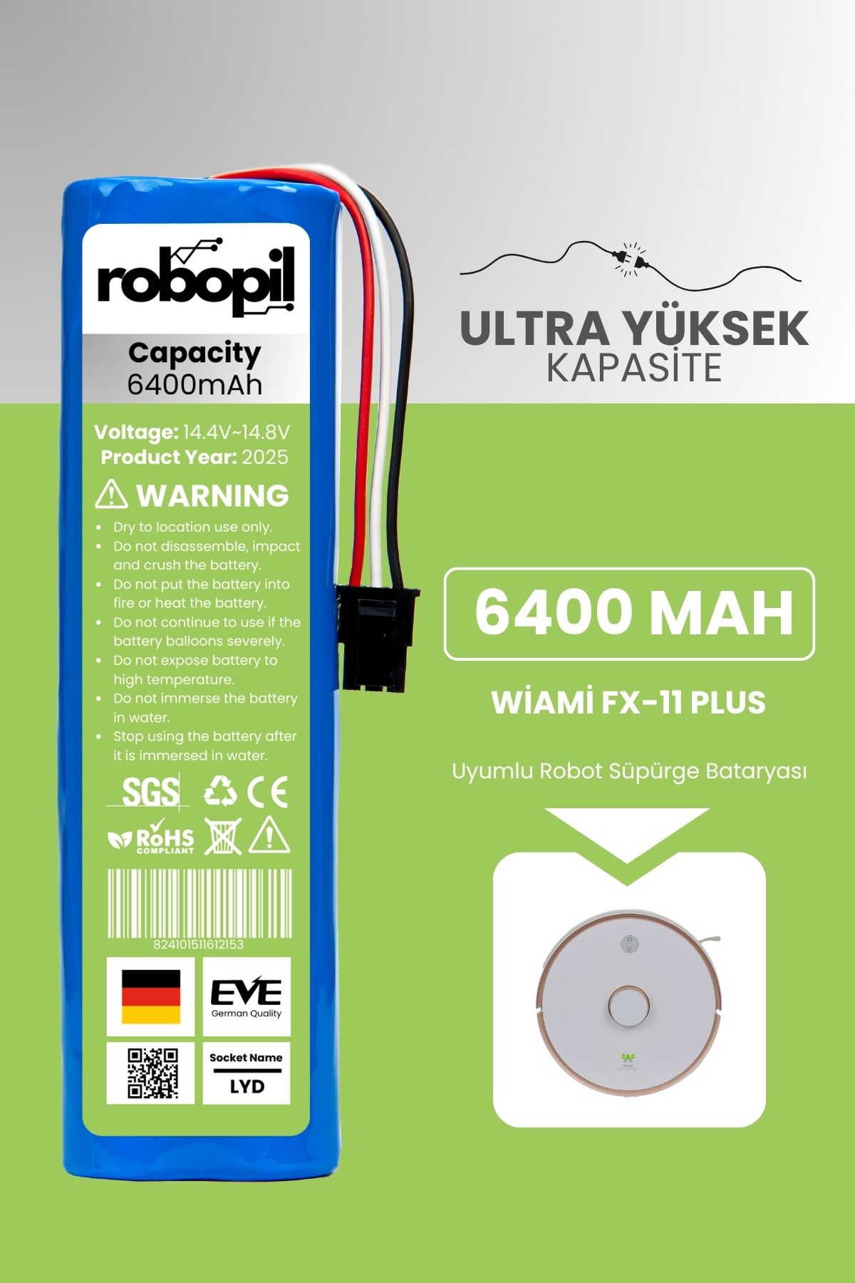 ROBOPİL Wiami Fx-11 Plus Uyumlu Batarya (ULTRA YÜKSEK KAPASİTE) 6400mah Pil Robot Süpürge Batarya Değişimi