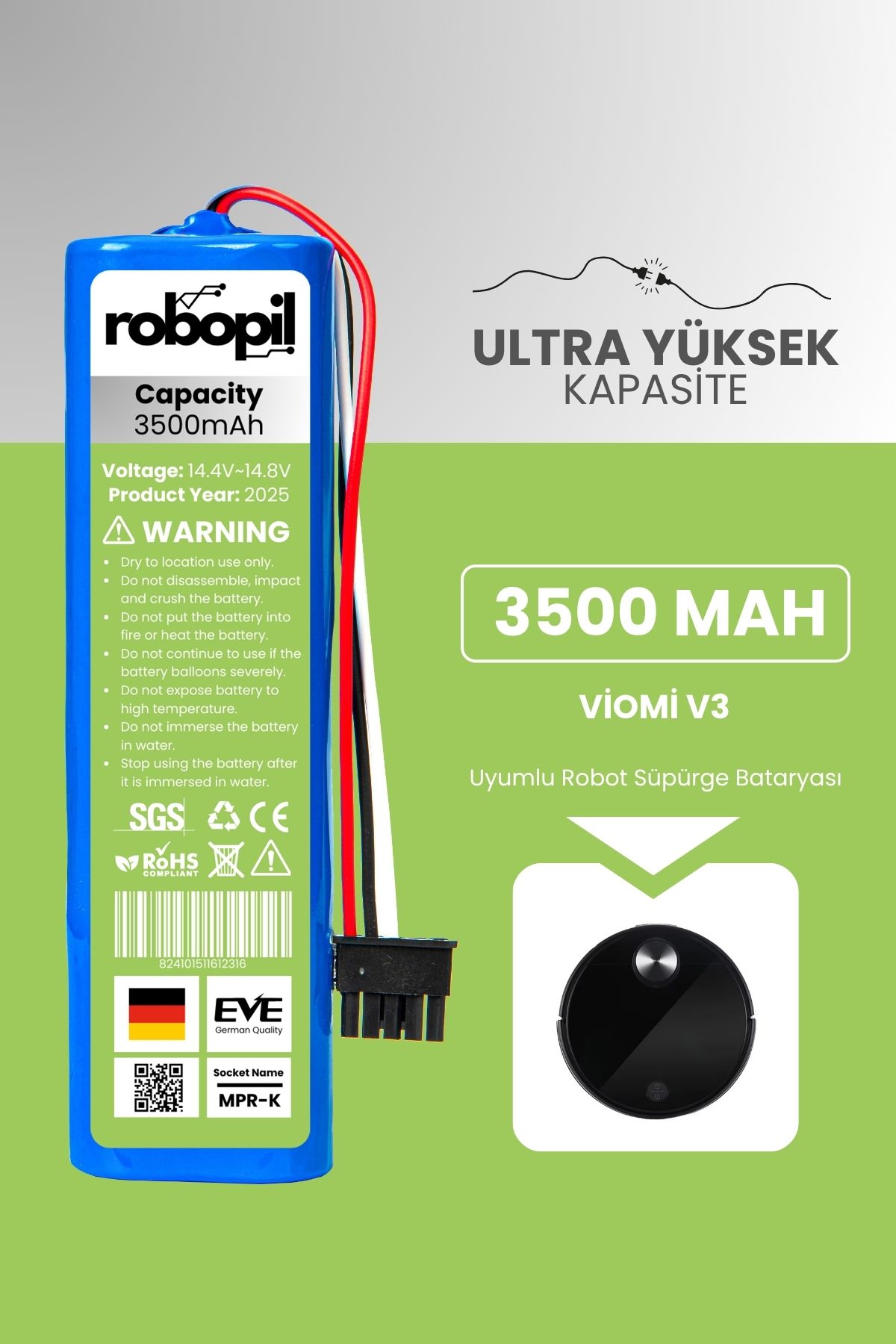 ROBOPİL Viomi V3 Uyumlu Batarya (ULTRA YÜKSEK KAPASİTE) 3500mah Pil Robot Süpürge Bataryası Değişimi
