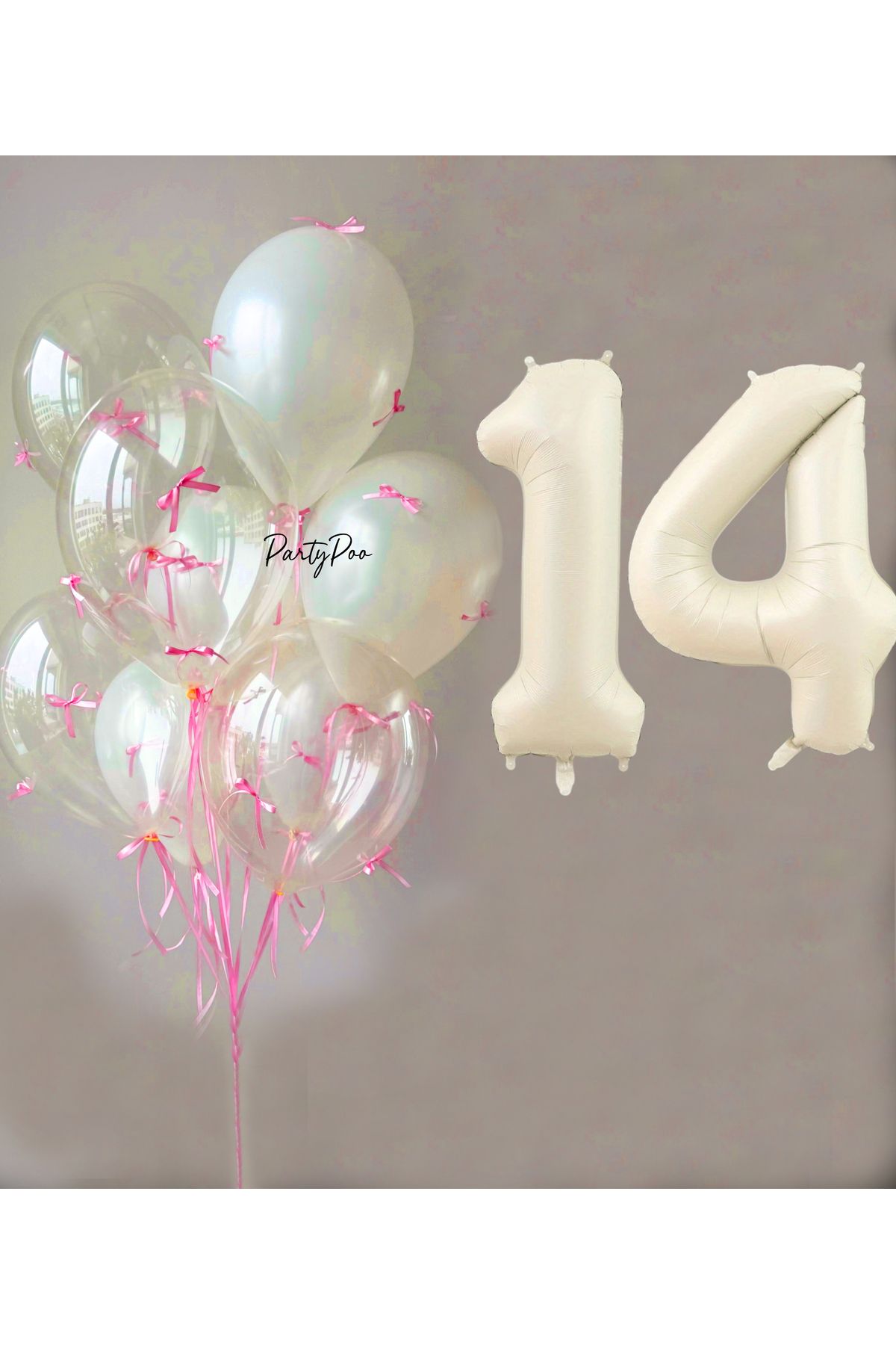 PartyPoo Pembe Fiyonklu Şeffaf Beyaz Balon Seti + Krem Rakam Folyo Balon – 11'li Doğum Günü Parti Süsü