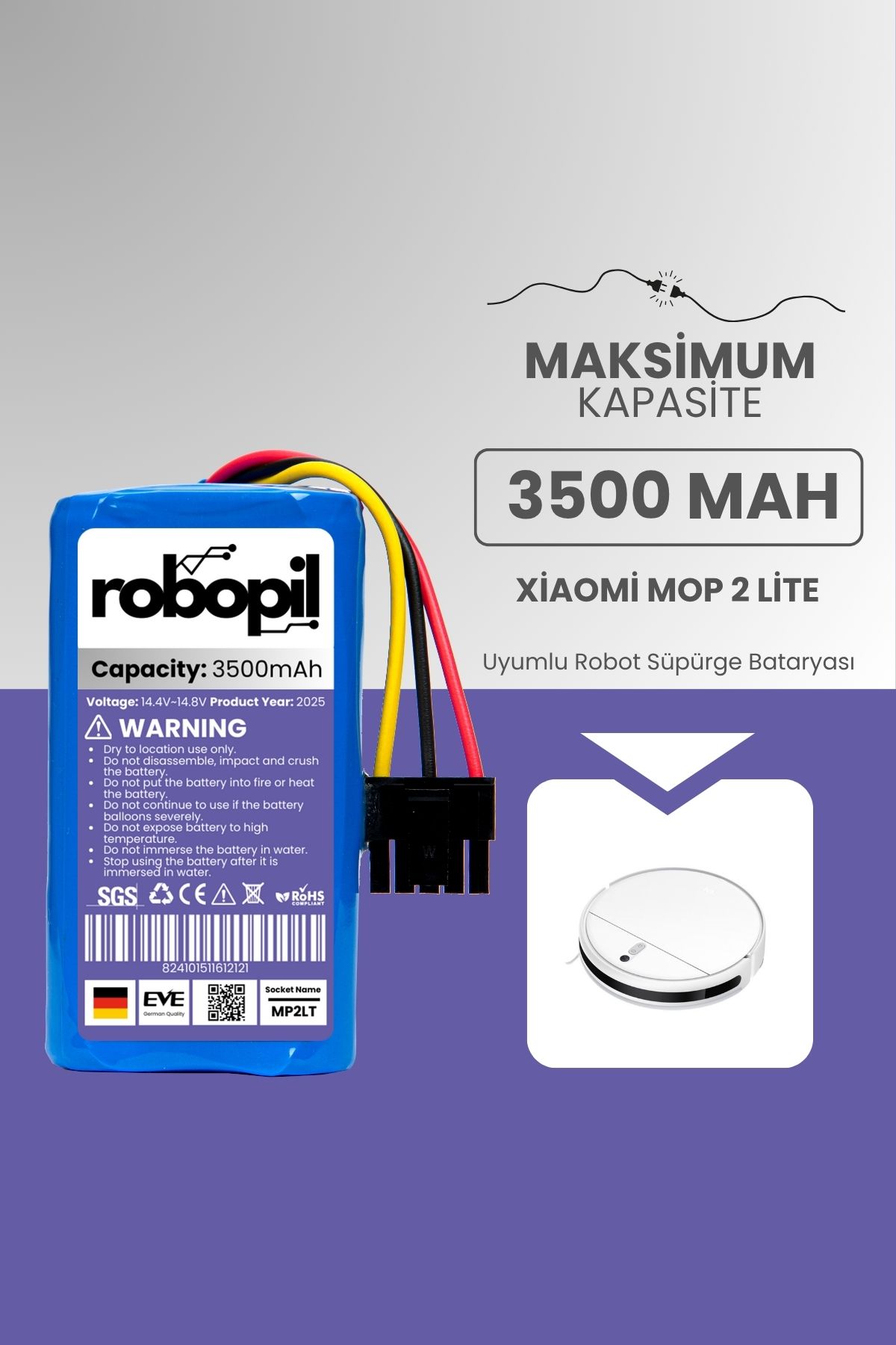 ROBOPİL Xiaomi Mop 2 Lite Uyumlu Batarya (MAKSİMUM KAPASİTE) 3500mah Pil Robot Süpürge Bataryası BHR5217EU