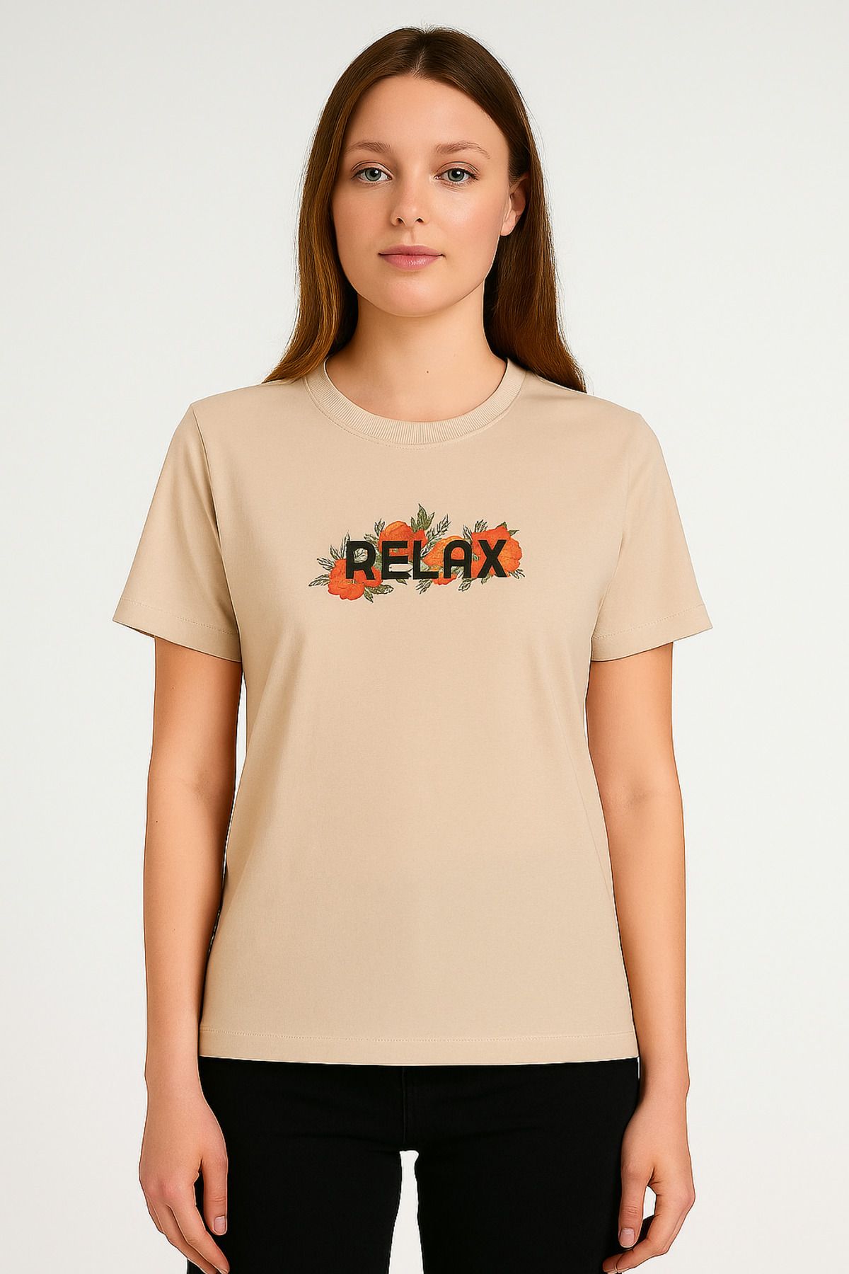 MONARCHMODA Baskılı Bej Premium Tişört Regular Fit / Normal Kesim %100 Pamuk Relax Fit Bisiklet Yaka