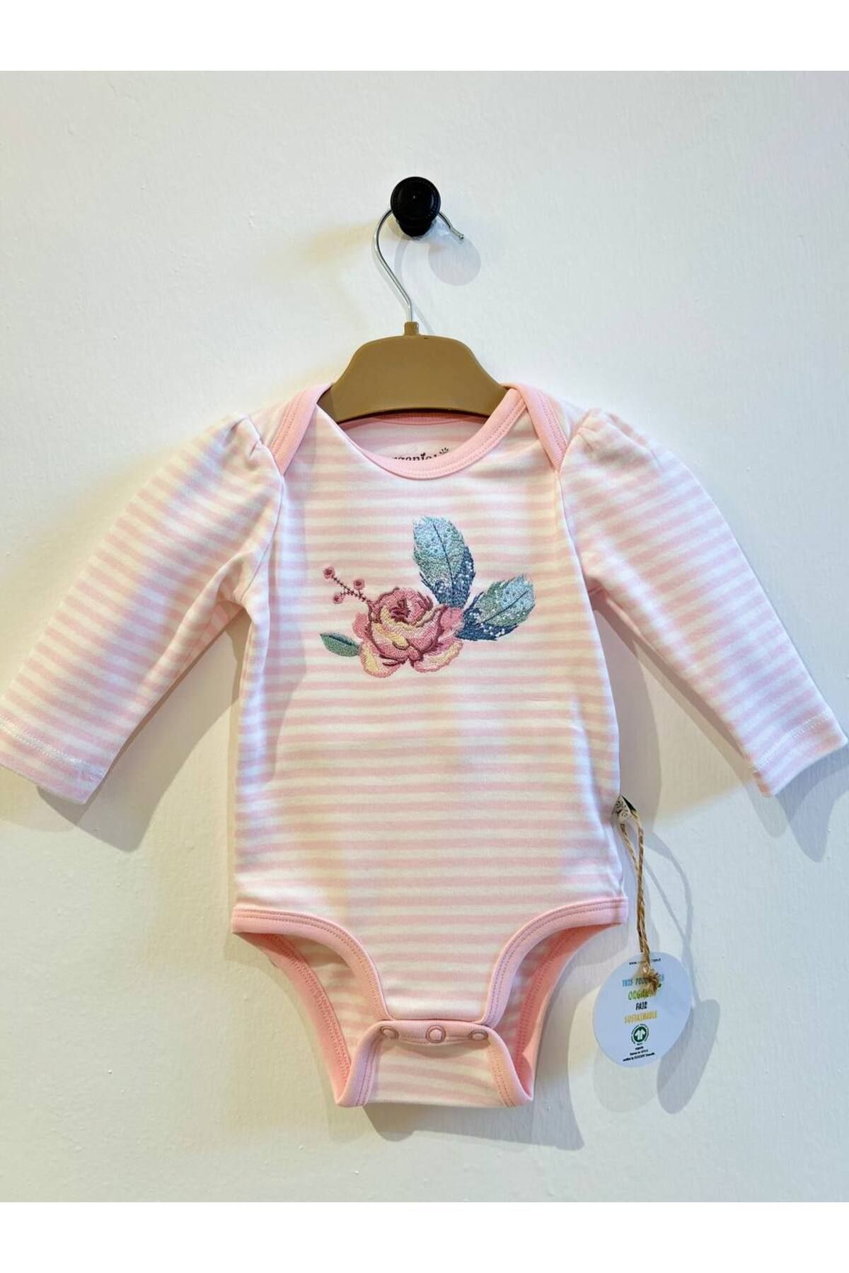 OrganicKid Bebenova %100 Organik Pamuk Gül Baskılı Uzun kol Body - Zıbın