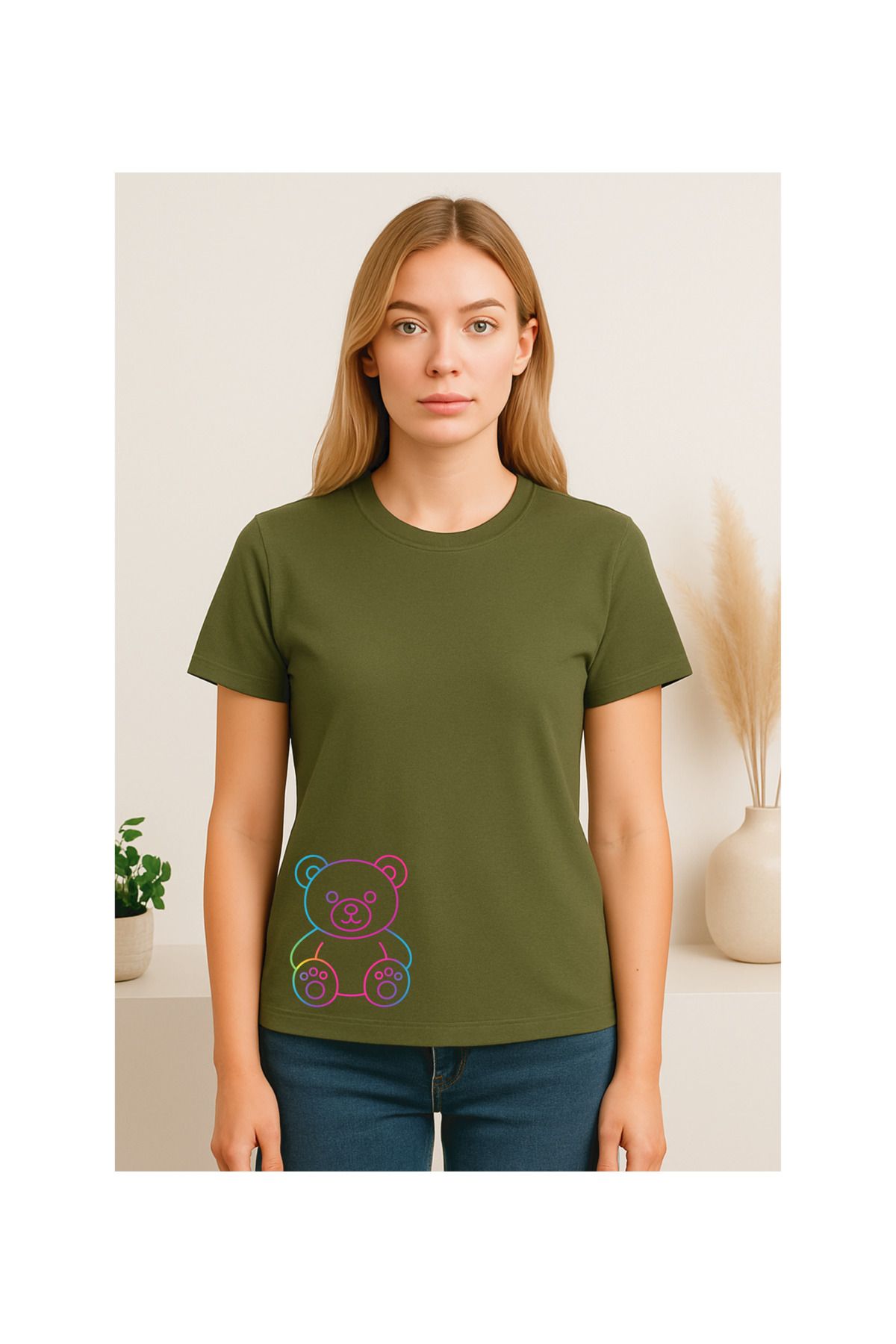 MODA Kısa Kollu, Regular Kalıp, Neon Renkli Ayıcık Desenli, Pamuklu T-shirt