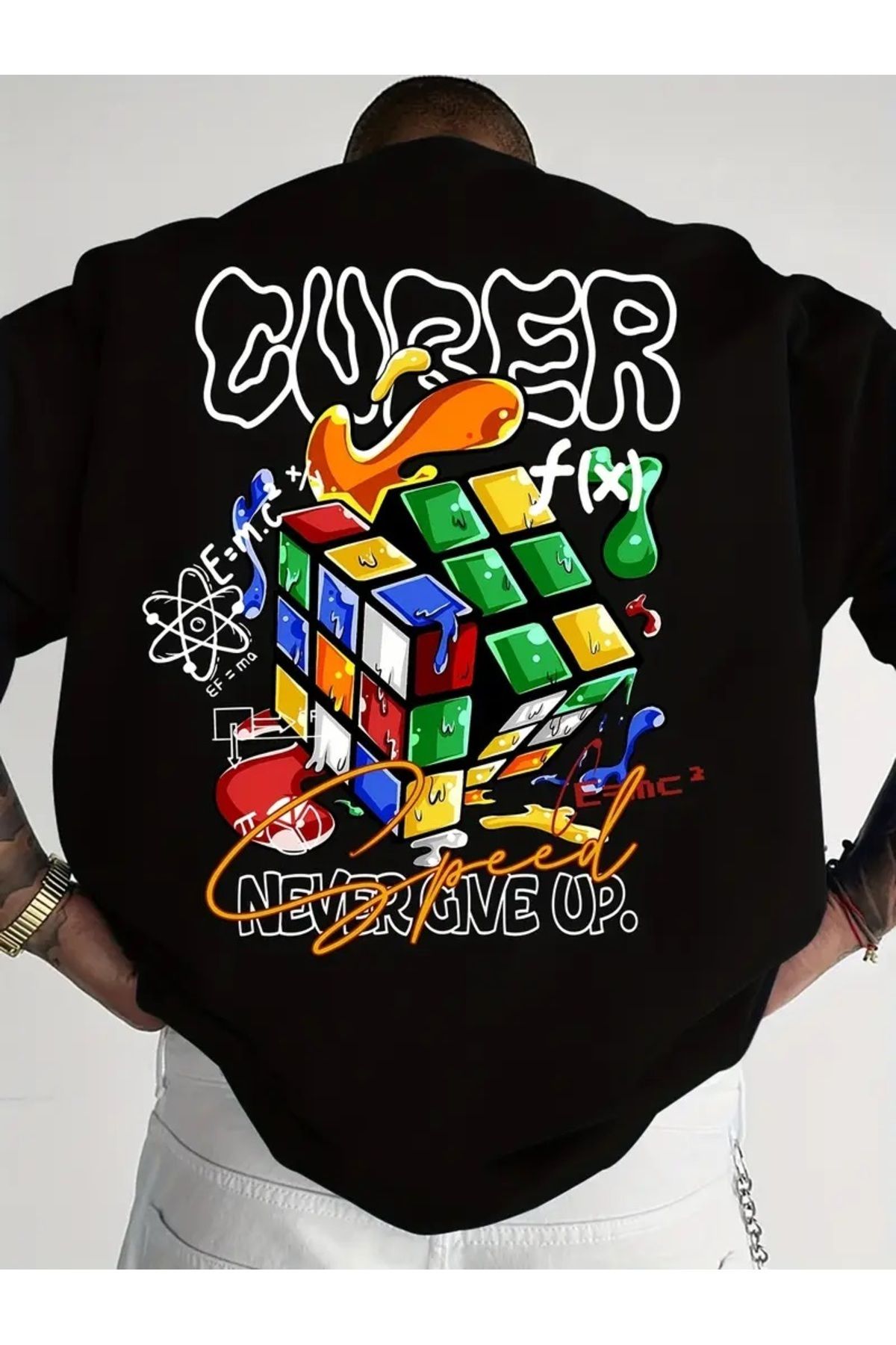 Hunors Sportswear & Company Unisex Kadın/Erkek Oversize Baskılı Pamuklu Bisiklet Yaka Kısa Kollu SİYAH T-shirt