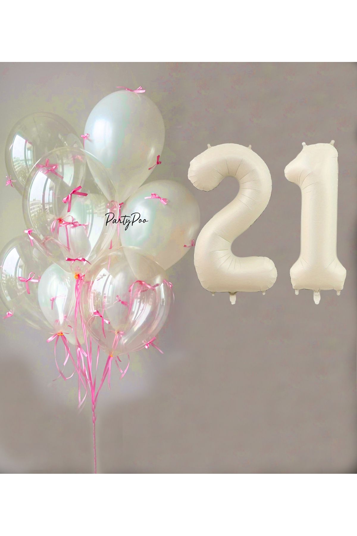 PartyPoo Pembe Fiyonklu Şeffaf Beyaz Balon Seti + Krem Rakam Folyo Balon – 11'li Doğum Günü Parti Süsü