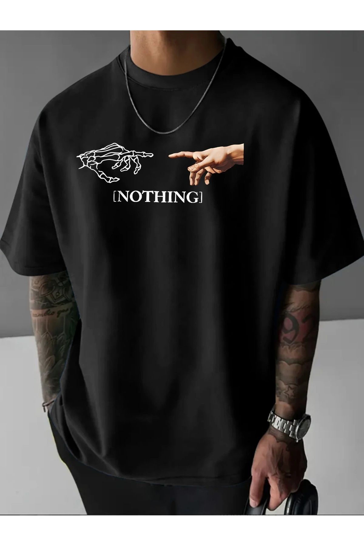 Hunors Sportswear & Company Unisex Kadın/Erkek Oversize Baskılı Pamuklu Bisiklet Yaka Kısa Kollu SİYAH T-shirt