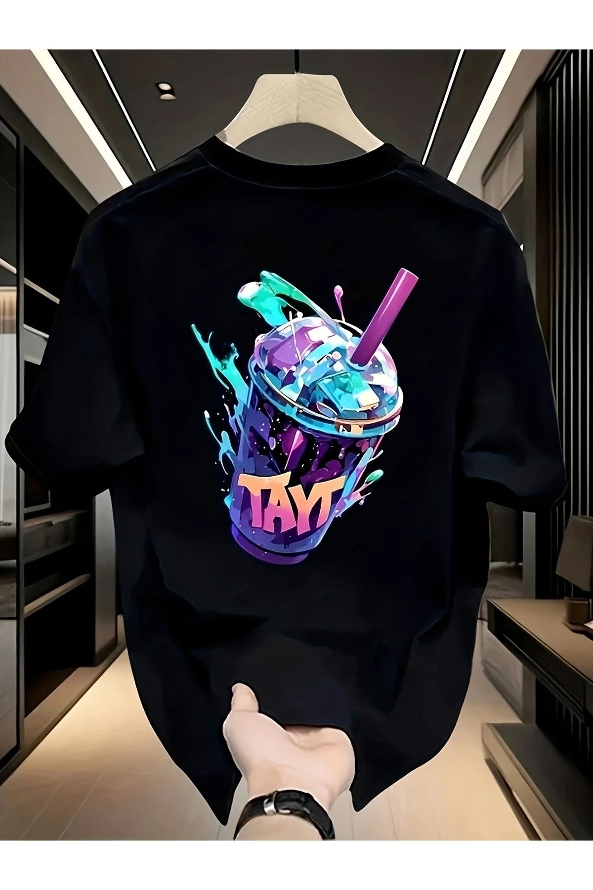 Hunors Sportswear & Company Unisex Kadın/Erkek Oversize Baskılı Pamuklu Bisiklet Yaka Kısa Kollu SİYAH T-shirt