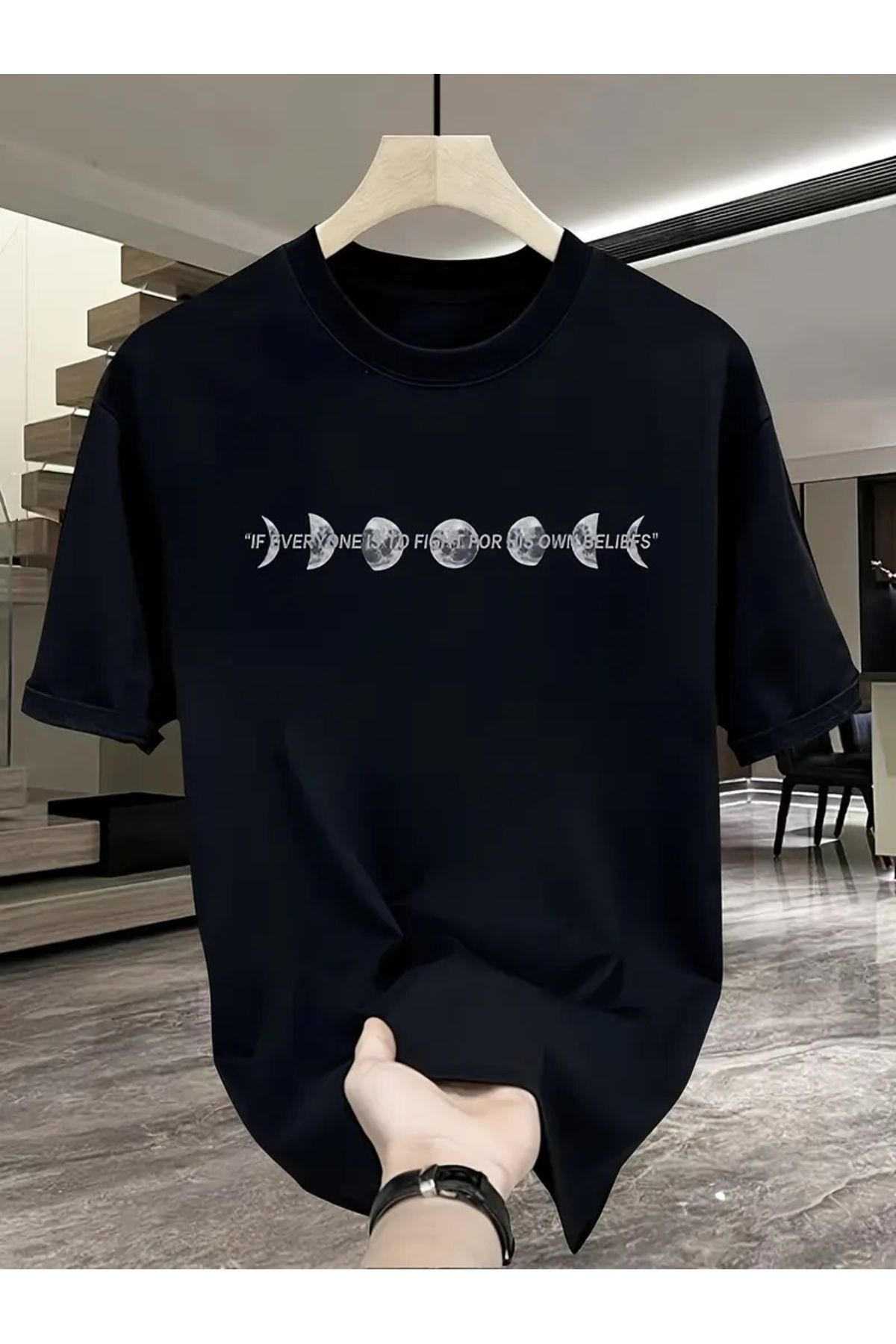 Hunors Sportswear & Company Unisex Kadın/Erkek Oversize Baskılı Pamuklu Bisiklet Yaka Kısa Kollu SİYAH T-shirt