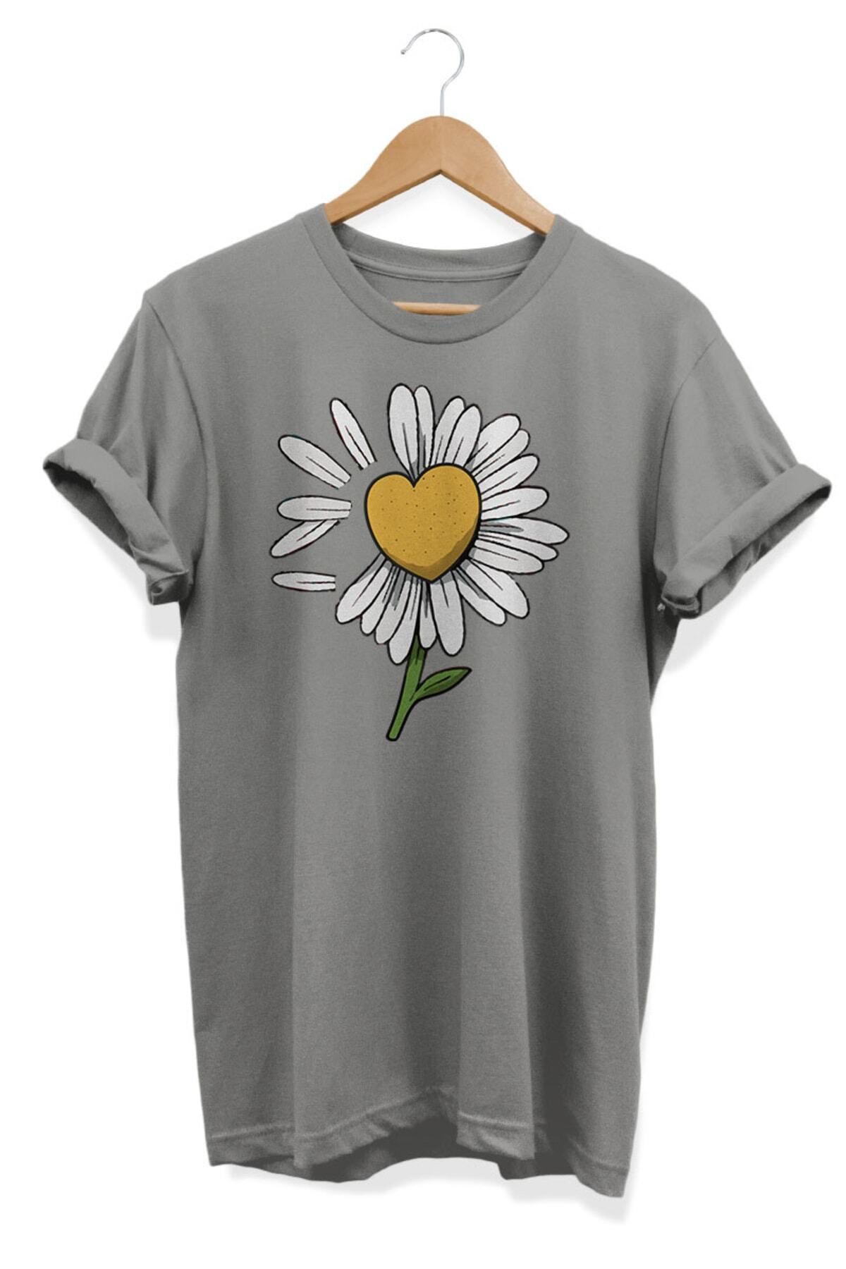 Miba Store Papatya Kalp Çiçek Baskılı Oversize Tişört