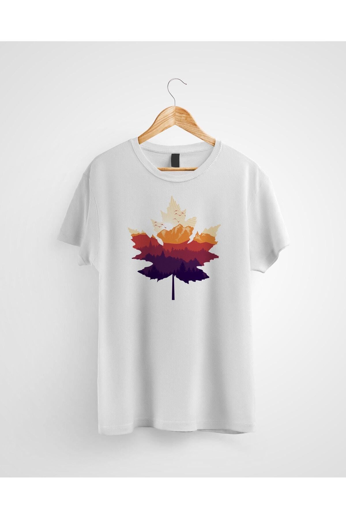 Miba Store Unisex Beyaz Yaprağa Saklanan Dağ Tasarımlı Baskılı Tshirt