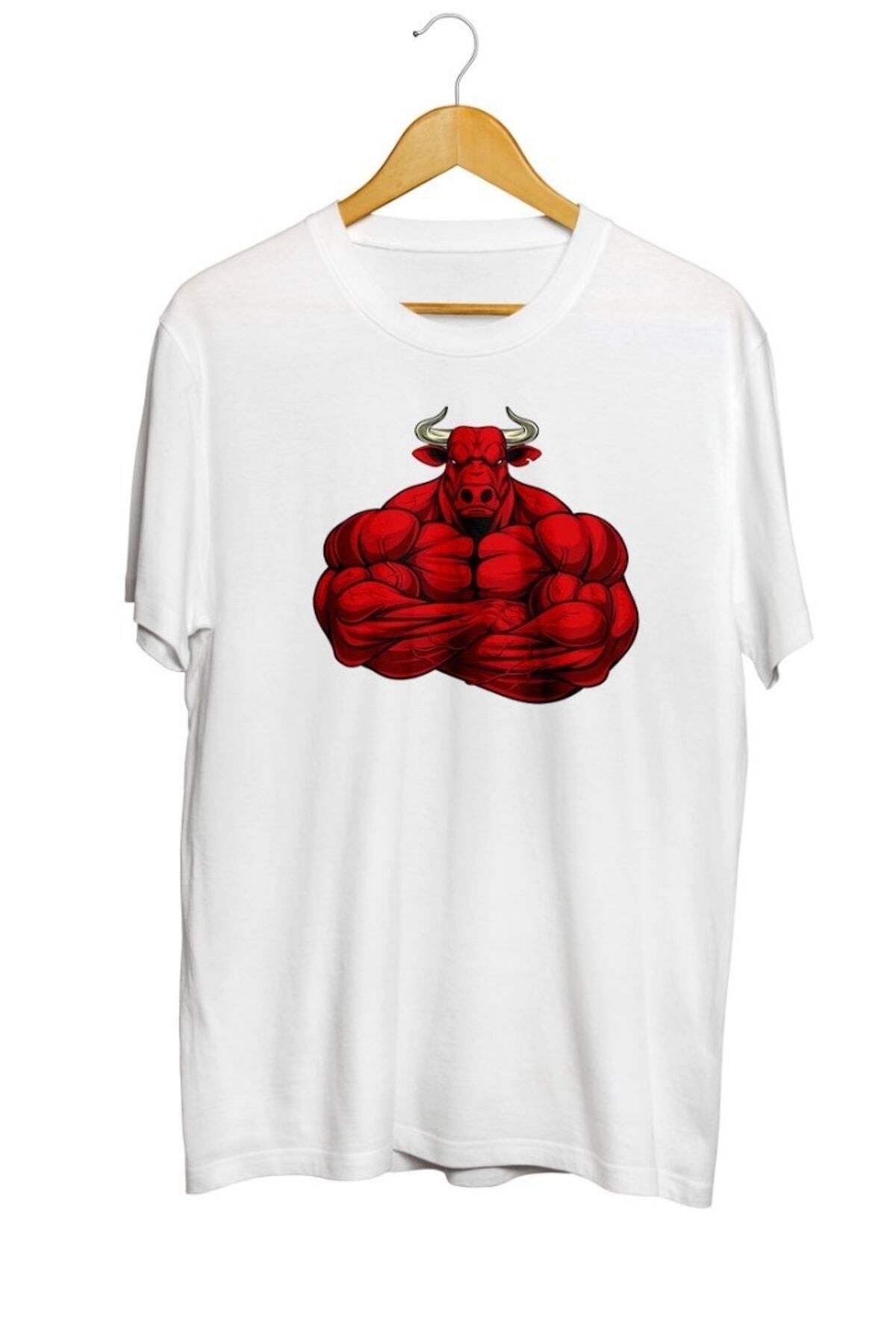 Miba Store Muscular Red Bull Beyaz Baskılı Unisex Tişört