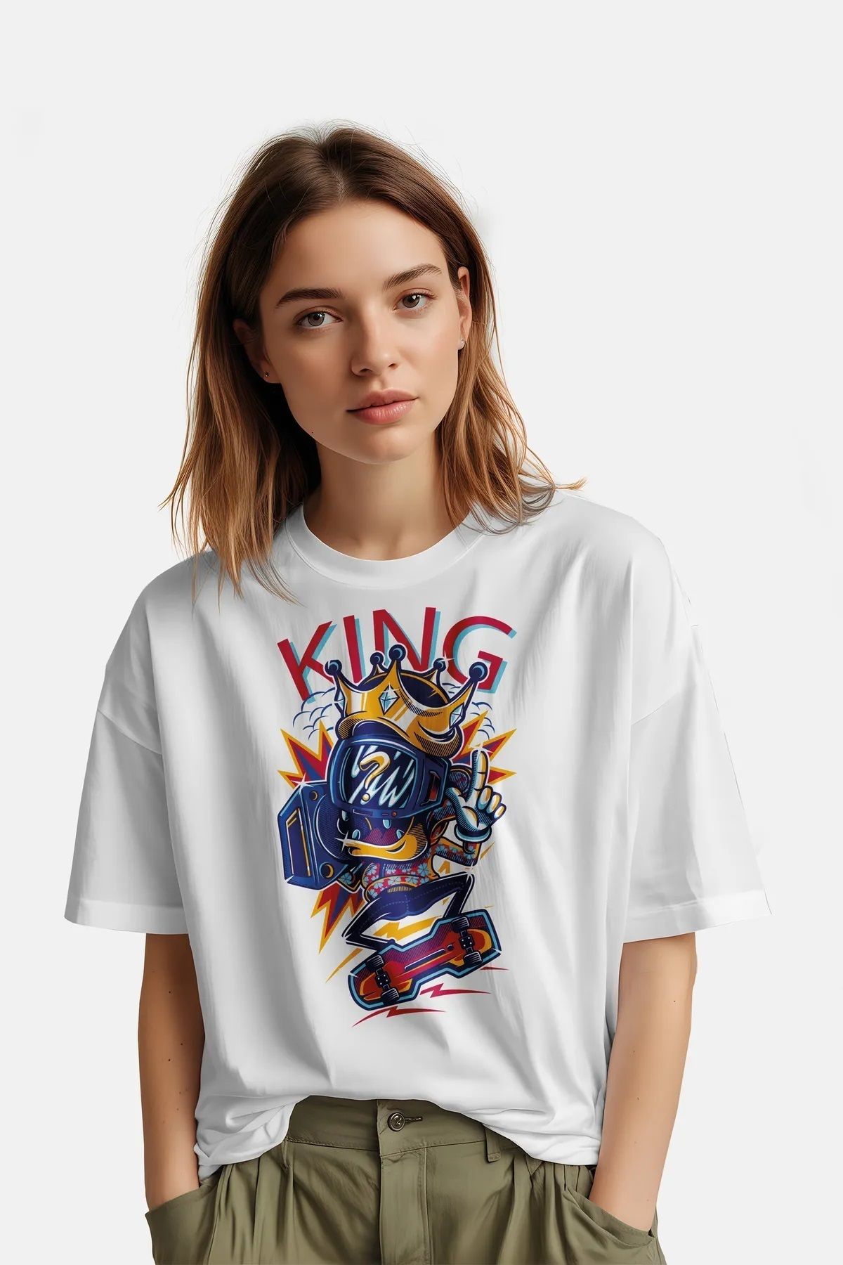 Hunors Sportswear & Company Unisex Kadın/Erkek Oversize Baskılı Pamuklu Bisiklet Yaka Kısa Kollu BEYAZ T-shirt