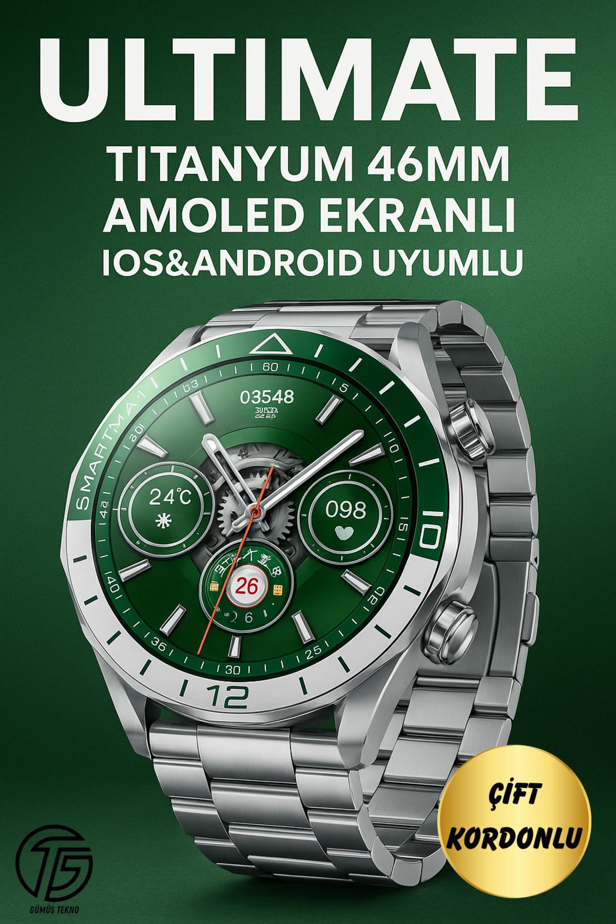 GÜMÜŞTEKNO Ultimate Watch Akıllı Saat Amoled Ekran Çift Kordon Arama Bildirimler Yuvarlak Kasa Erkek Kol Saati