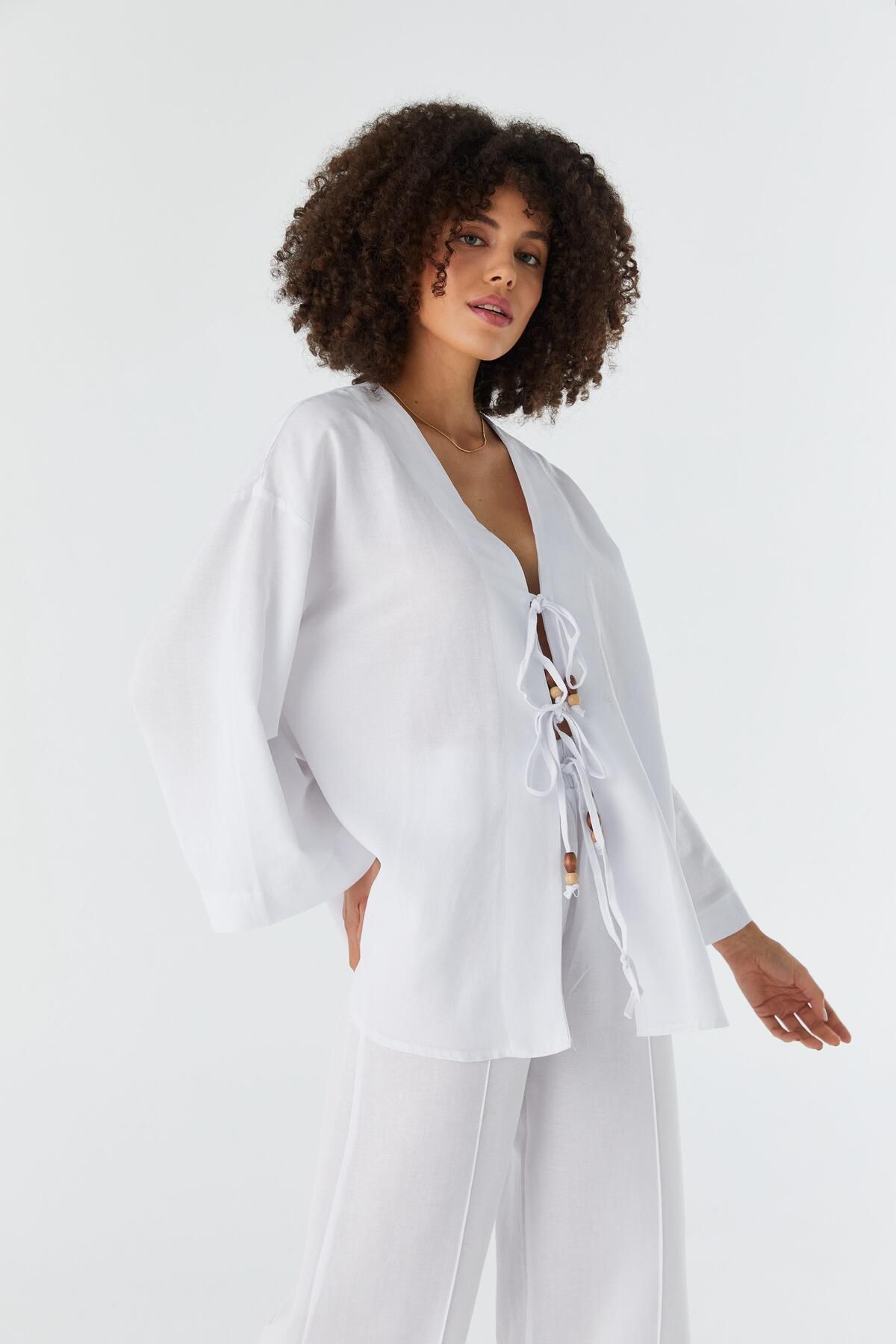 Shopping Shop Keten Kimono Takım BEYAZ