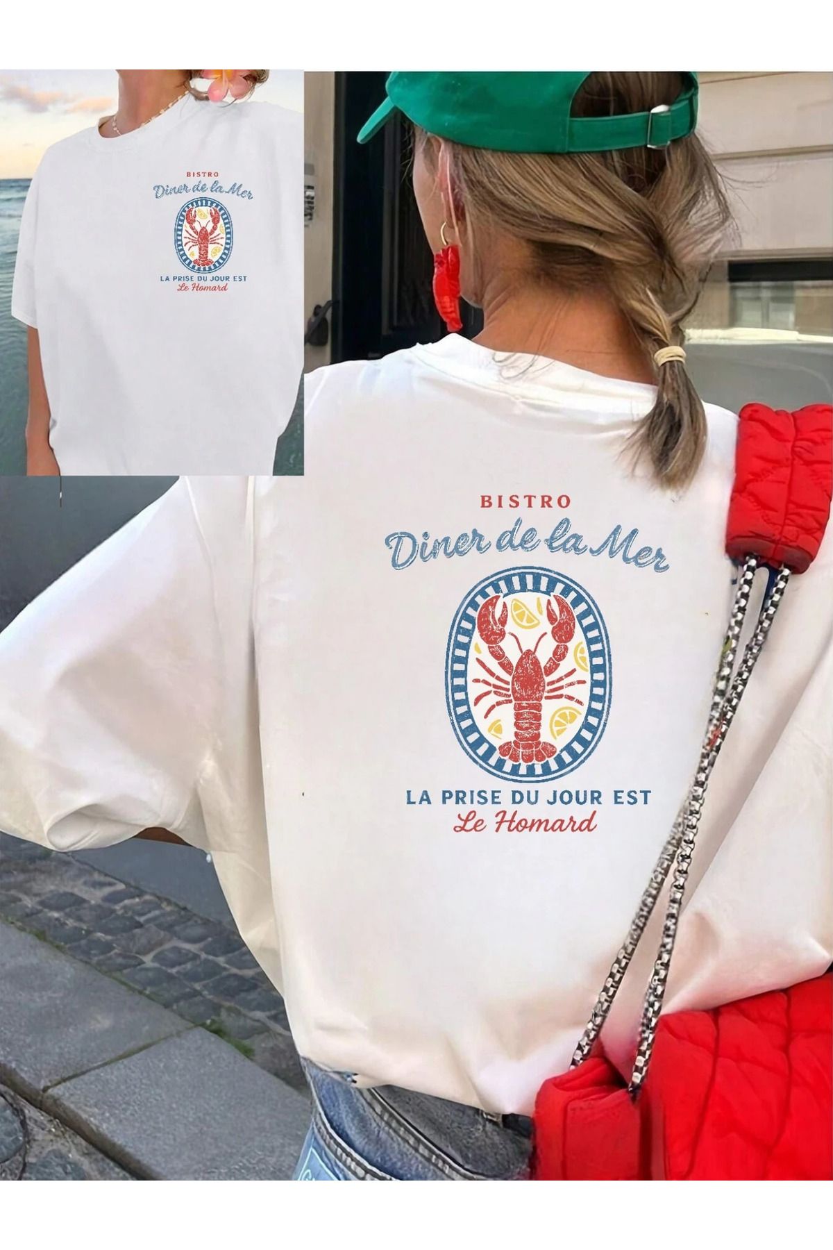 AEMİ Kadın Diner De La Mer Baskılı Oversize Bisiklet Yaka T-shirt