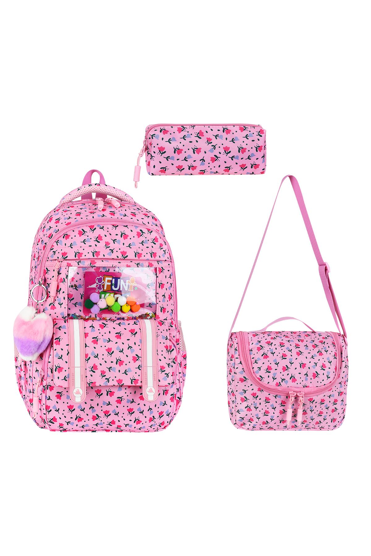 QL ACCESSORY Kalp desenli 3 lü set Lüx İlk Okul Çantası