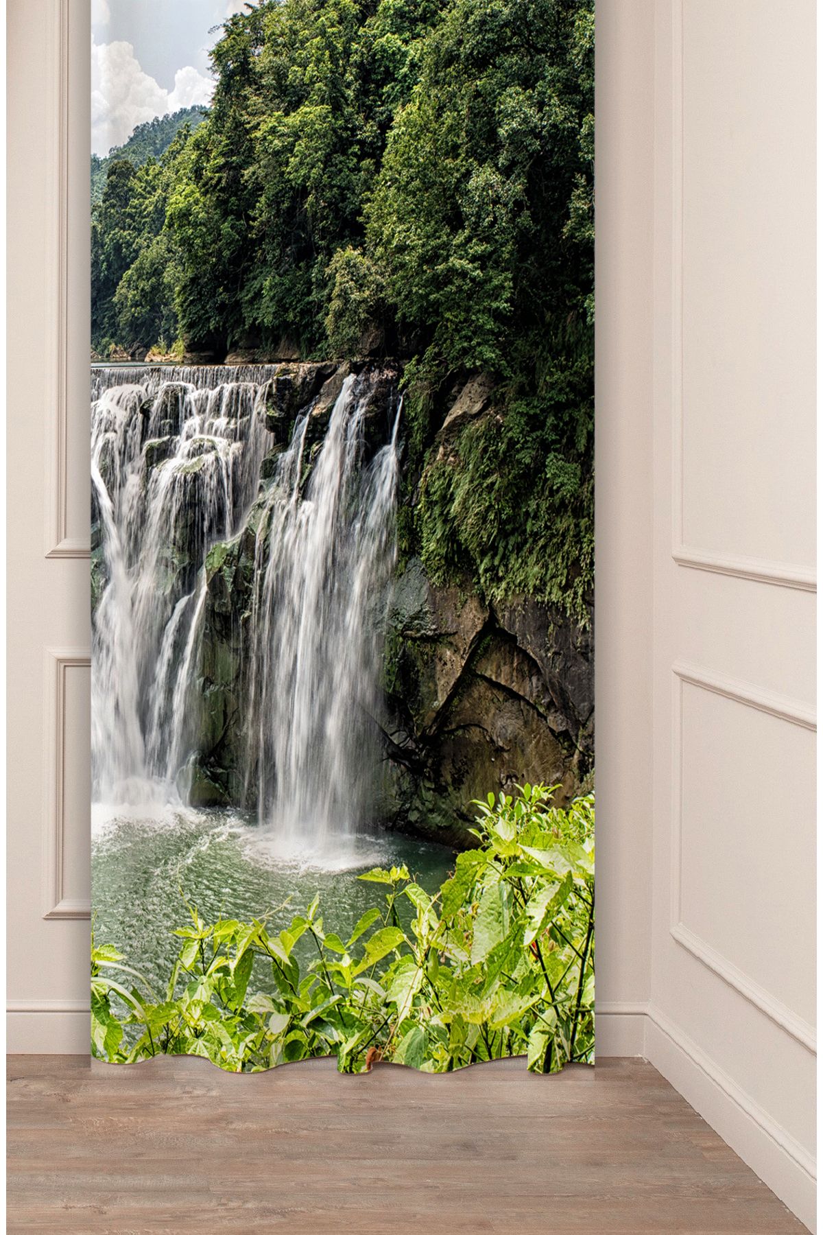 GREENDECOR Şelale Doğa Orman Ağaç Tabiat Manzara Özel Tasarım Dijital Baskılı (Tek Kanat) Modern Şık Fon Perde