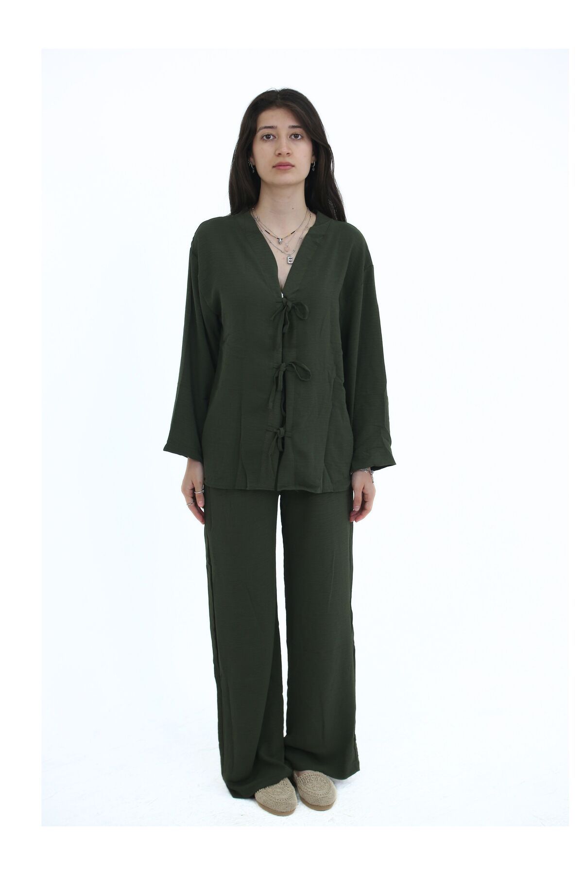 fh fashionhere Kadın Yeşil Bağcık Detaylı Rahat İkili Kimono Takım Kombin