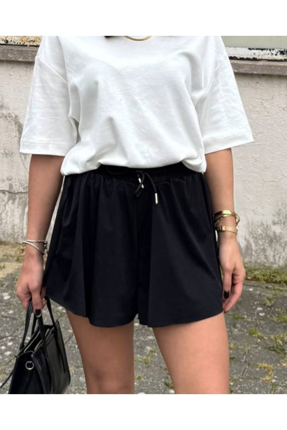 DEQ FASHION Kadın Siyah Bol Kesim Çift Kat Spor Şort