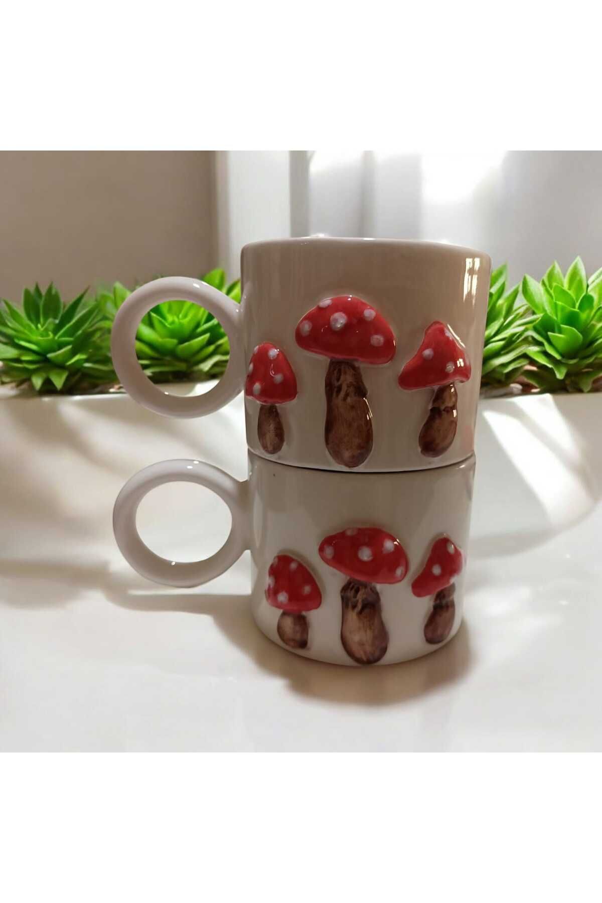 Dİ TAZZA El Yapımı 2 Kişilik Üç Boyutlu Mantarlı Kahve Kupa Bardak Mug 200 ml