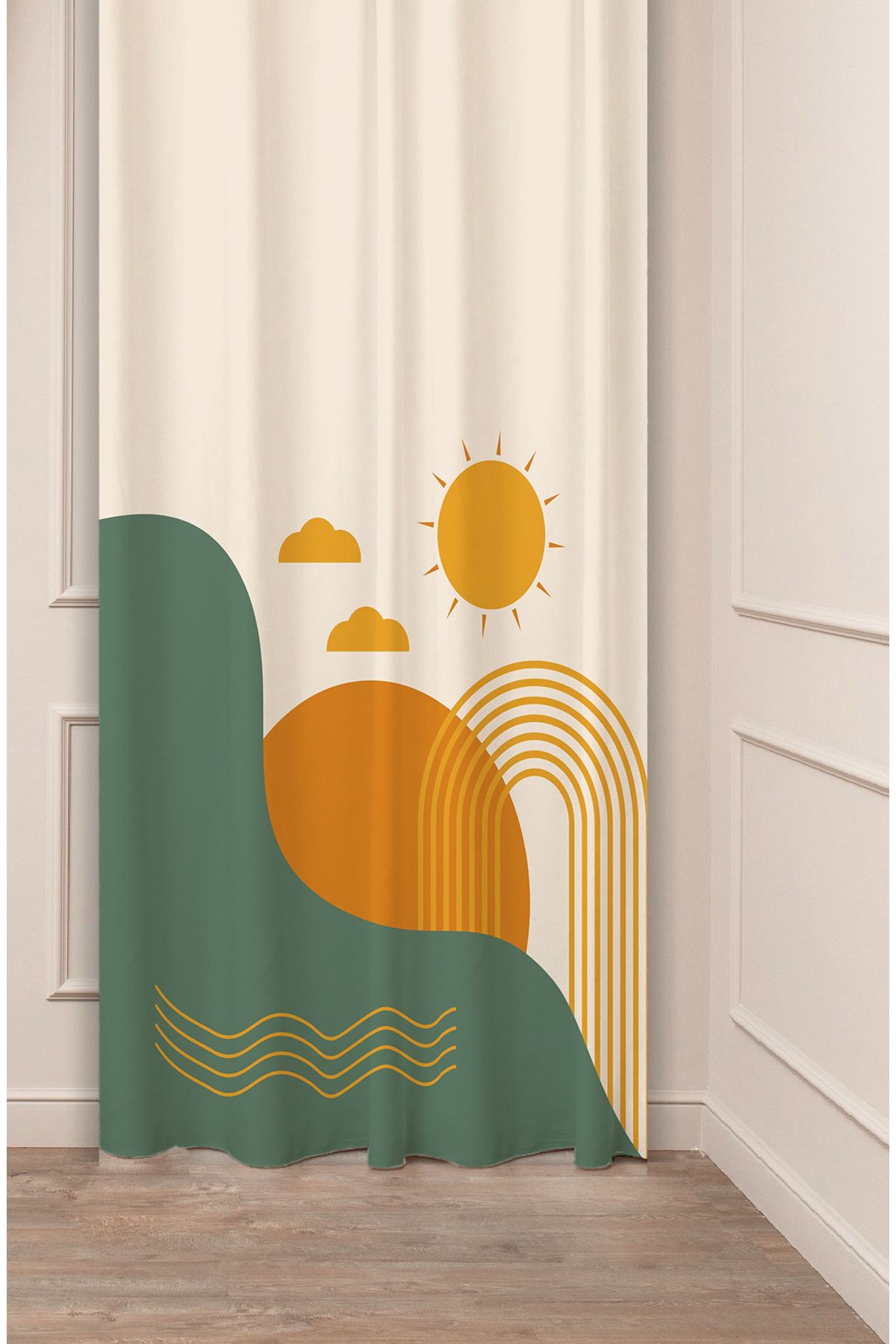 GREENDECOR Geometrik Çizgi Bohem Minimalist Soft Desenli Özel Tasarım Dijital Baskılı (Tek Kanat) Şık Fon Perde