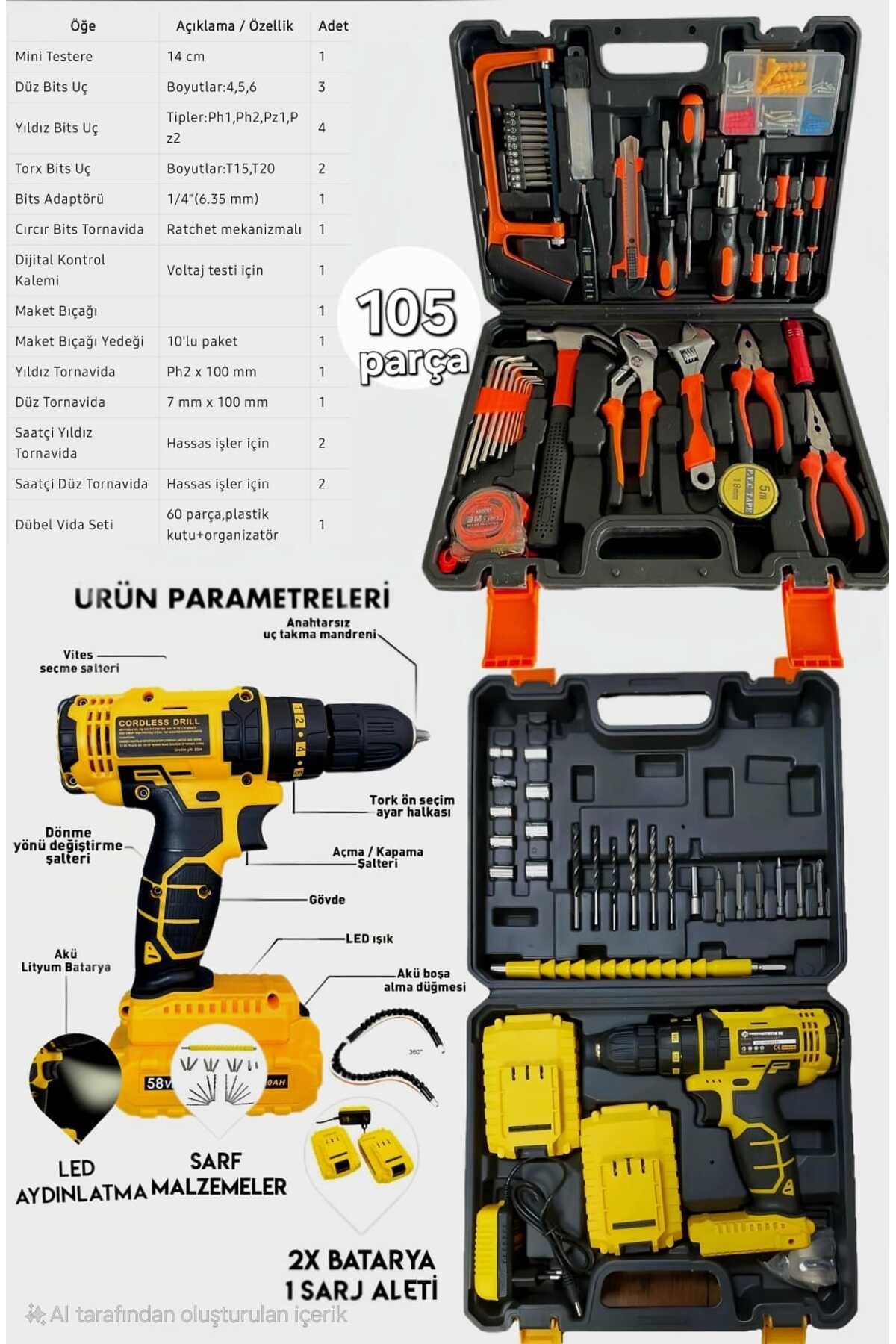 prohummer PH249 Darbesiz 58vf Akülü Matkap + Ekinler EEA258 105 Parça Alet Seti!