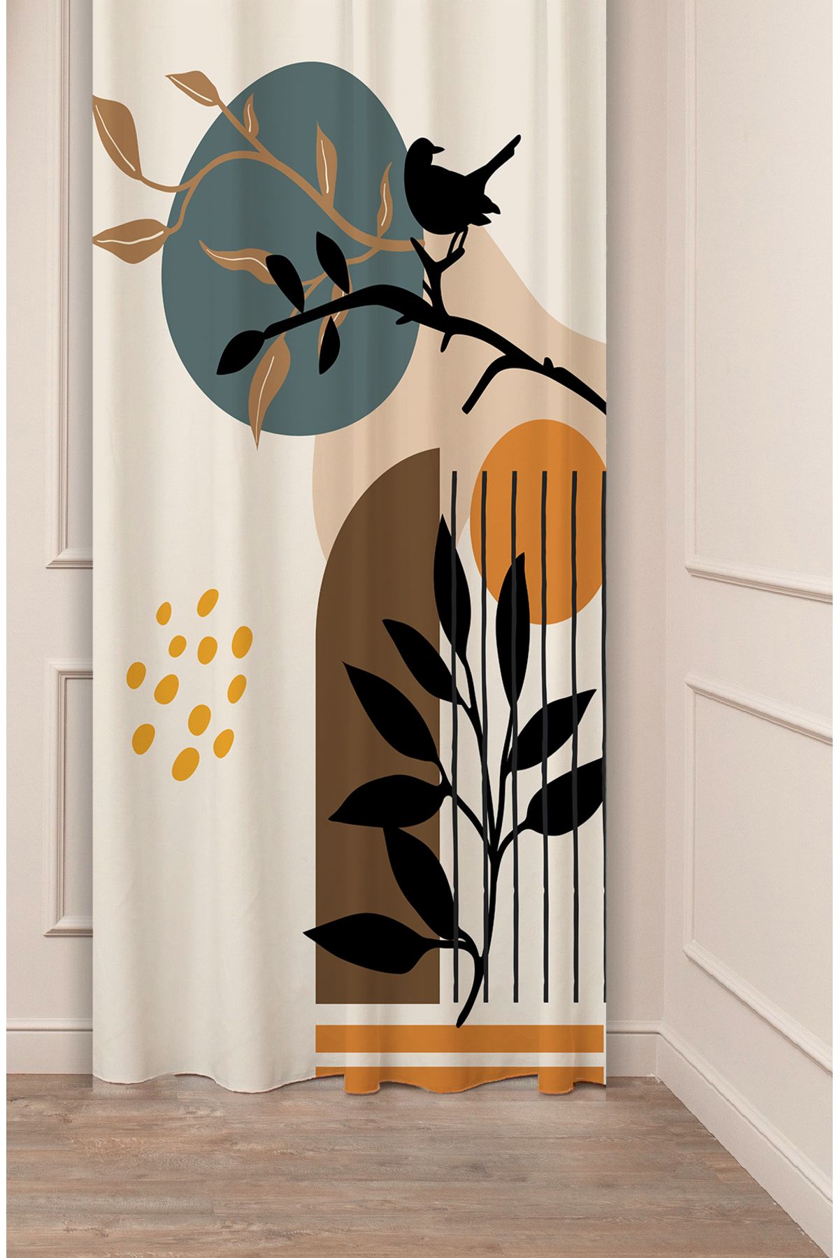 GREENDECOR Yaprak Bohem Kuş Soft Pastel Bej Krem Desenli Özel Tasarım Dijital Baskılı (Tek Kanat) Şık Fon Perde
