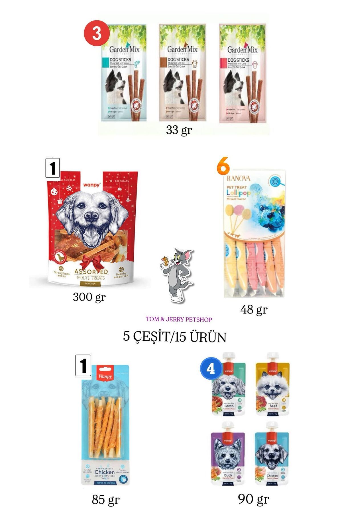 Wanpy TOM&JERRYPETSHOP -Köpek Ödül Maması Karışık Paket/Gardenmix stick/Wanpy Köpek Karışık/Köpek Lollipop