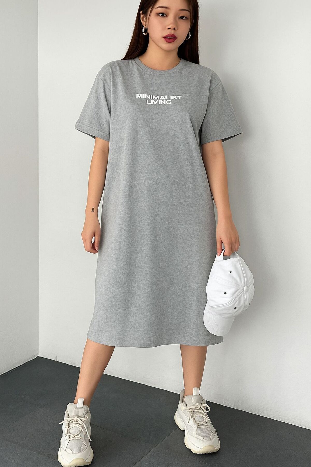 NoVibe Kadın Minimalist Baskılı T-shirt Bisiklet Yaka Elbise/tunik