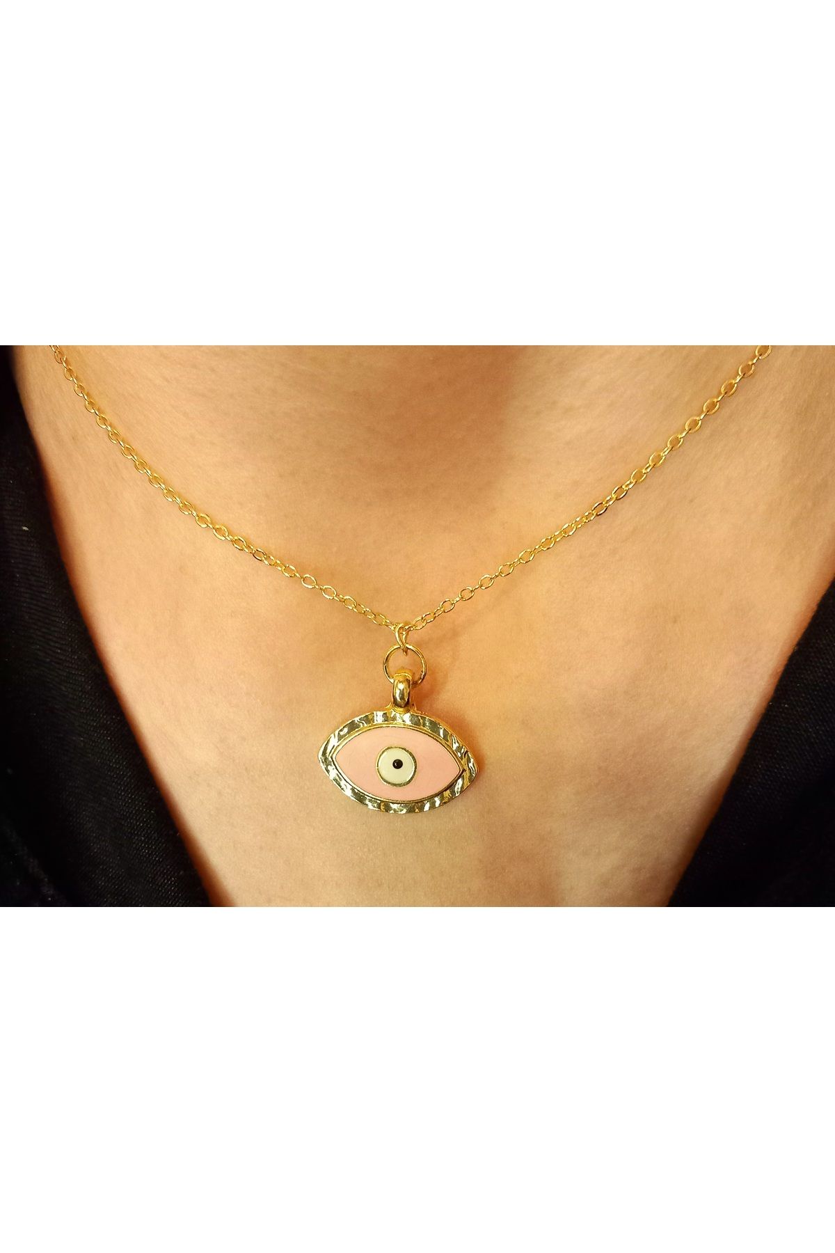 Crystal Atelier Pembe Nazar Boncuklu Göz Model Kolye-Altın Kaplama Göz Nazar Boncuklu Çelik Kolye-Nazar Boncuk Kolye