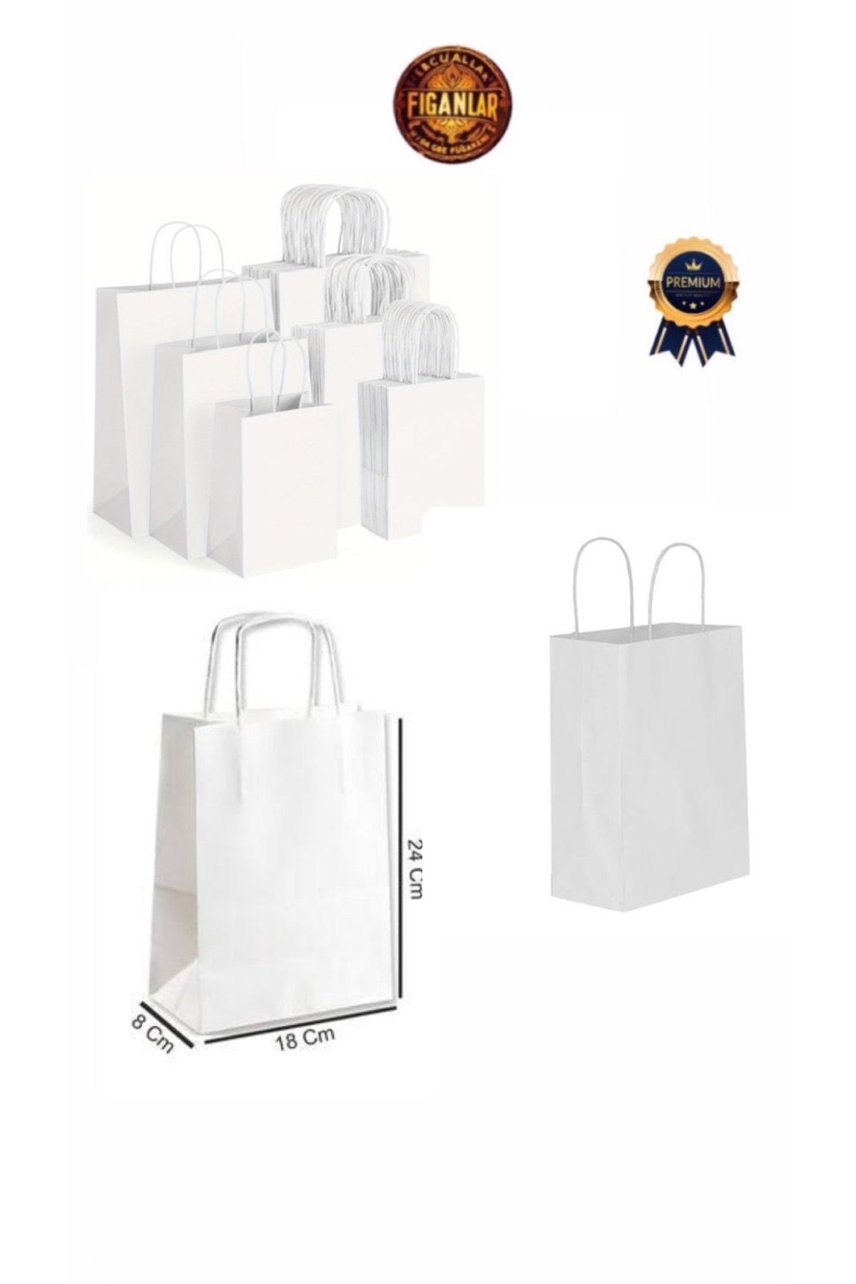 figanlar ambalaj 1.Kalite Kraft Büküm Saplı 50 Adet 18cmx8cmx24cm Beyaz Kağıt Çanta Hediye Poşeti Beyaz Karton Çanta