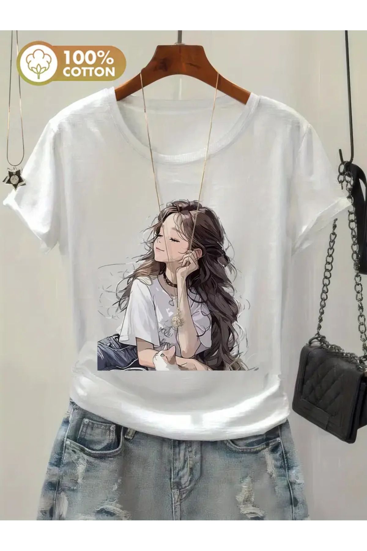 CLASİVA Kız ve Kedi Baskılı Oversize Bisiklet Yaka t-shirt