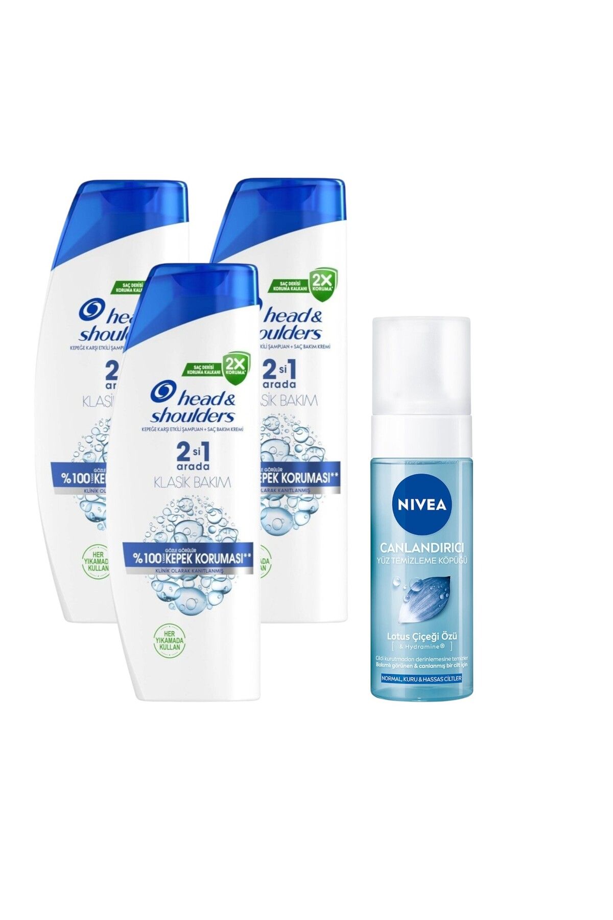 head and shoulders 625 ML Kepek Şampuan 2 si 1 Arada Klasik Bakım 3 Adet + Nivea-Yüz Yıkama Köpüğü Normal Cilt 150 Ml