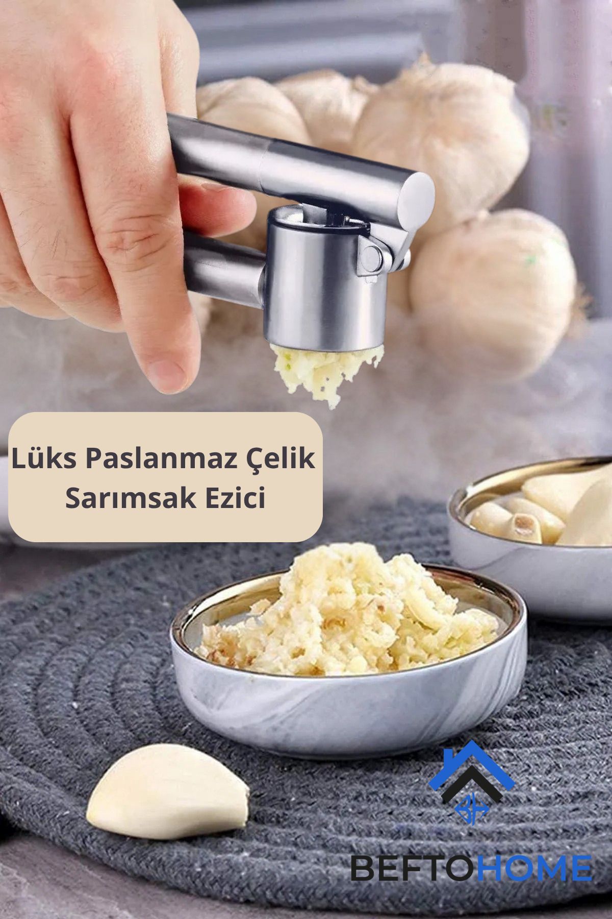 BEFTO HOME Lüks Paslanmaz Çelik Sarımsak Ezici, Pratik Sarımsak Ezeceği