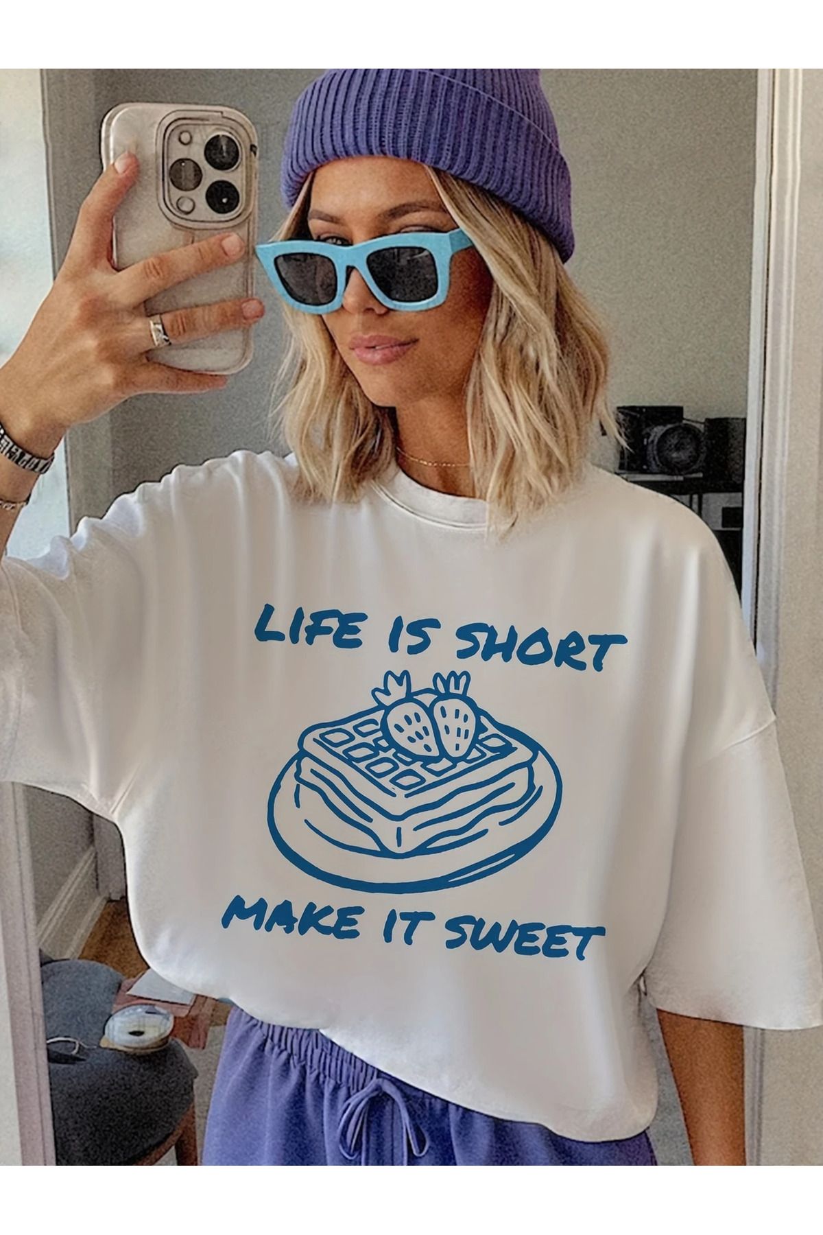 AEMİ Kadın Life Is Short Baskılı Oversize Bisiklet Yaka T-shirt