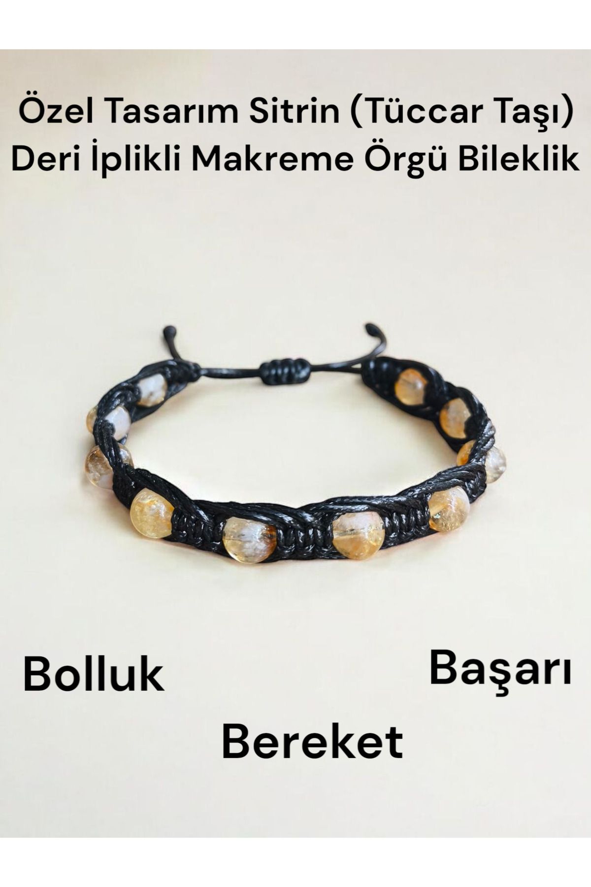 Kadimdoğal Sertifikalı Doğaltaş Sitrin Deri İplikli Makreme Örgü Özel Tasarım Bileklik