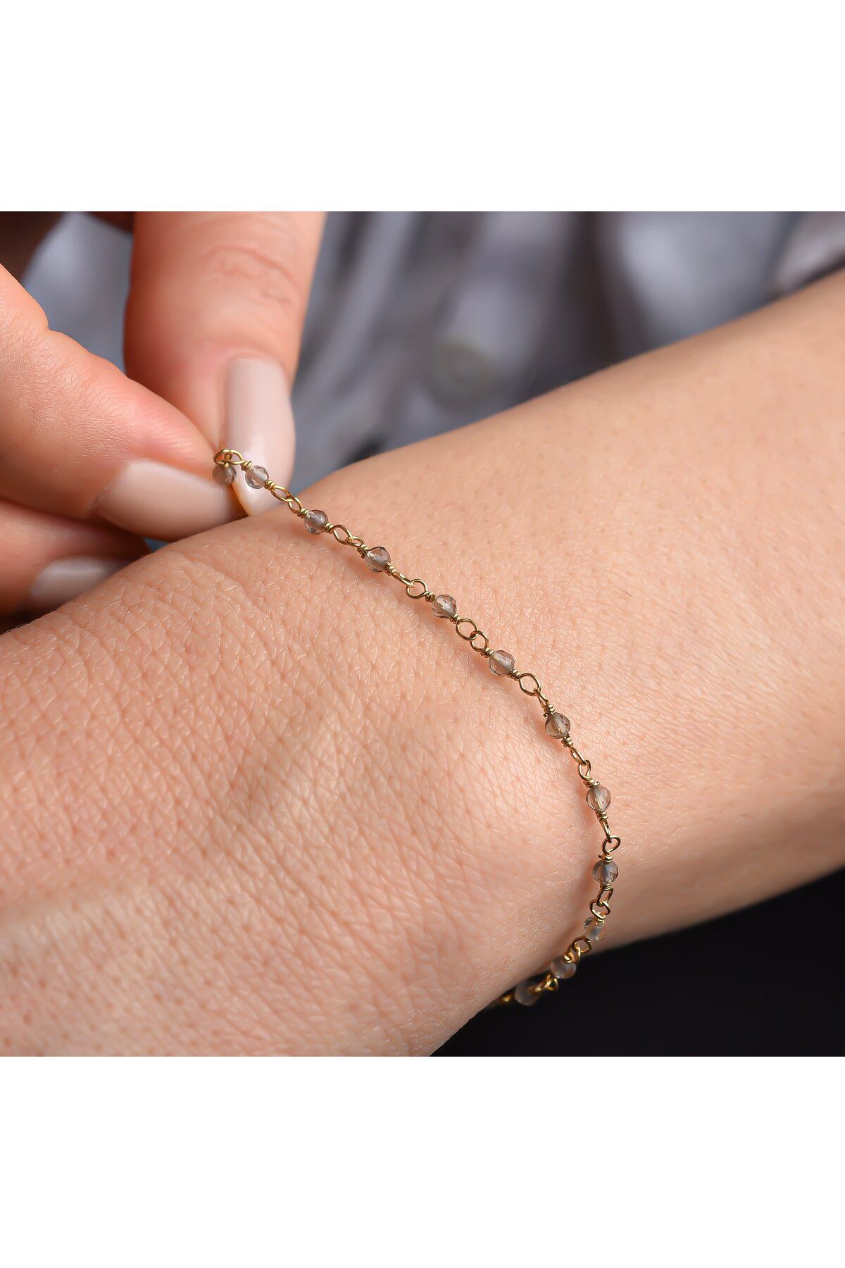 Nox Jewelry 14 Ayar Altın Kaplama Duman Rengi Kuvars Doğal Taşlı El Yapımı Gümüş Bileklik - CBS00132