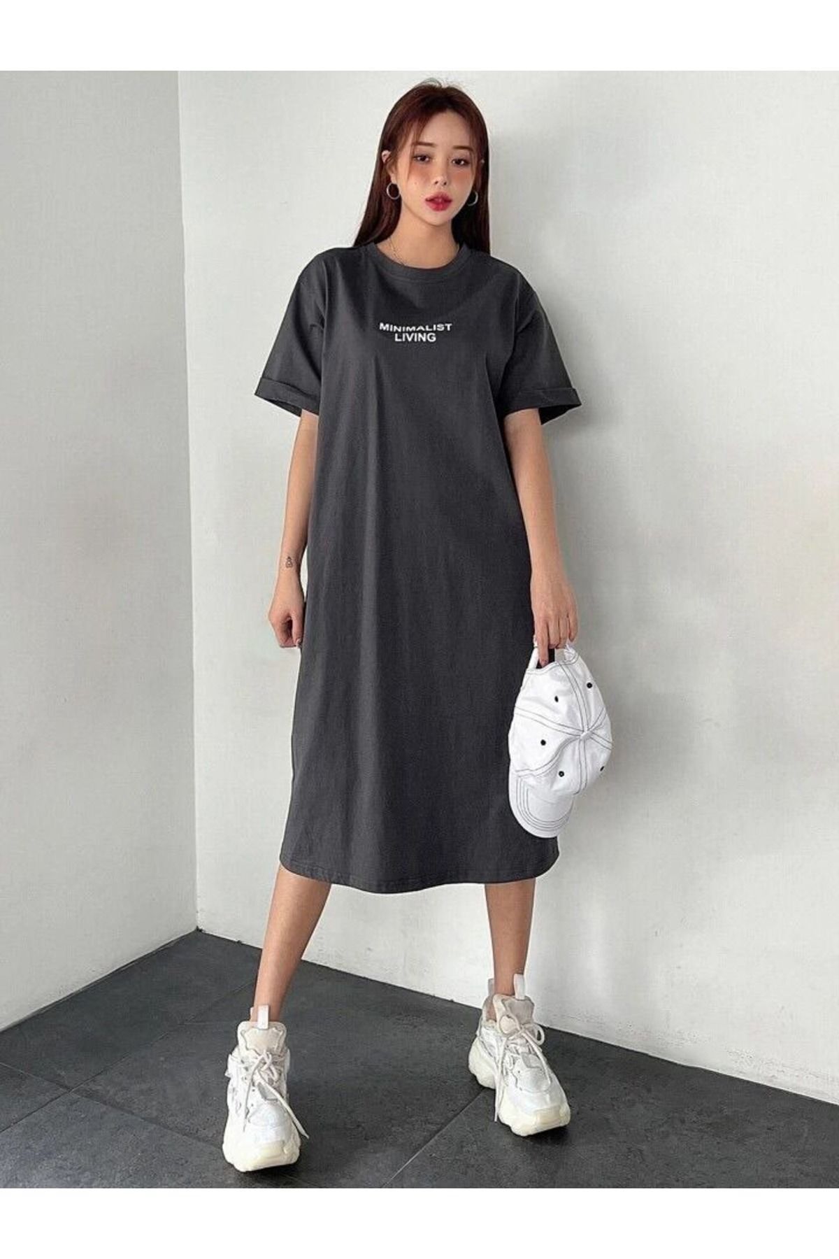 NoVibe Kadın Minimalist Baskılı T-shirt Bisiklet Yaka Elbise/tunik