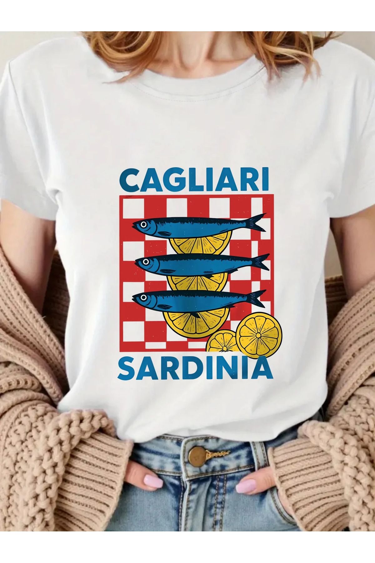 AEMİ Kadın Sardinia Baskılı Oversize Bisiklet Yaka T-shirt