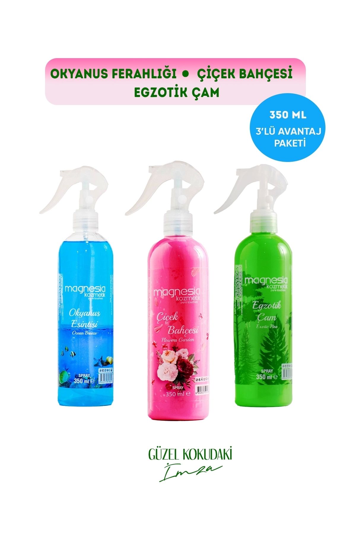 Magnesia Kozmetik Pure Touches MAGNESİA OTO PARFÜM SPREYİ OKYANUS,ÇİÇEK BAHÇESİ,ÇAM 3'LÜ AVANTAJLI SET